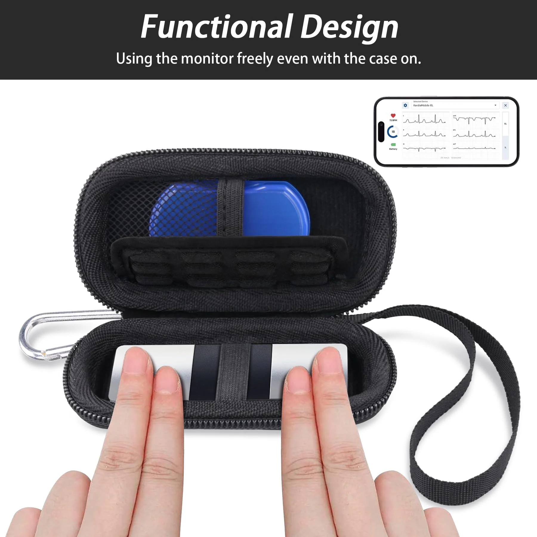 Khanka Hard Case for KardiaMobile 6 Channel / 1 Channel ECG Heart Monitor, Case Compatible with Kardia 6L 1L ECG with Carabiner Hook and Carry Strap (Pill Box and ECG Not Included) - Image 2