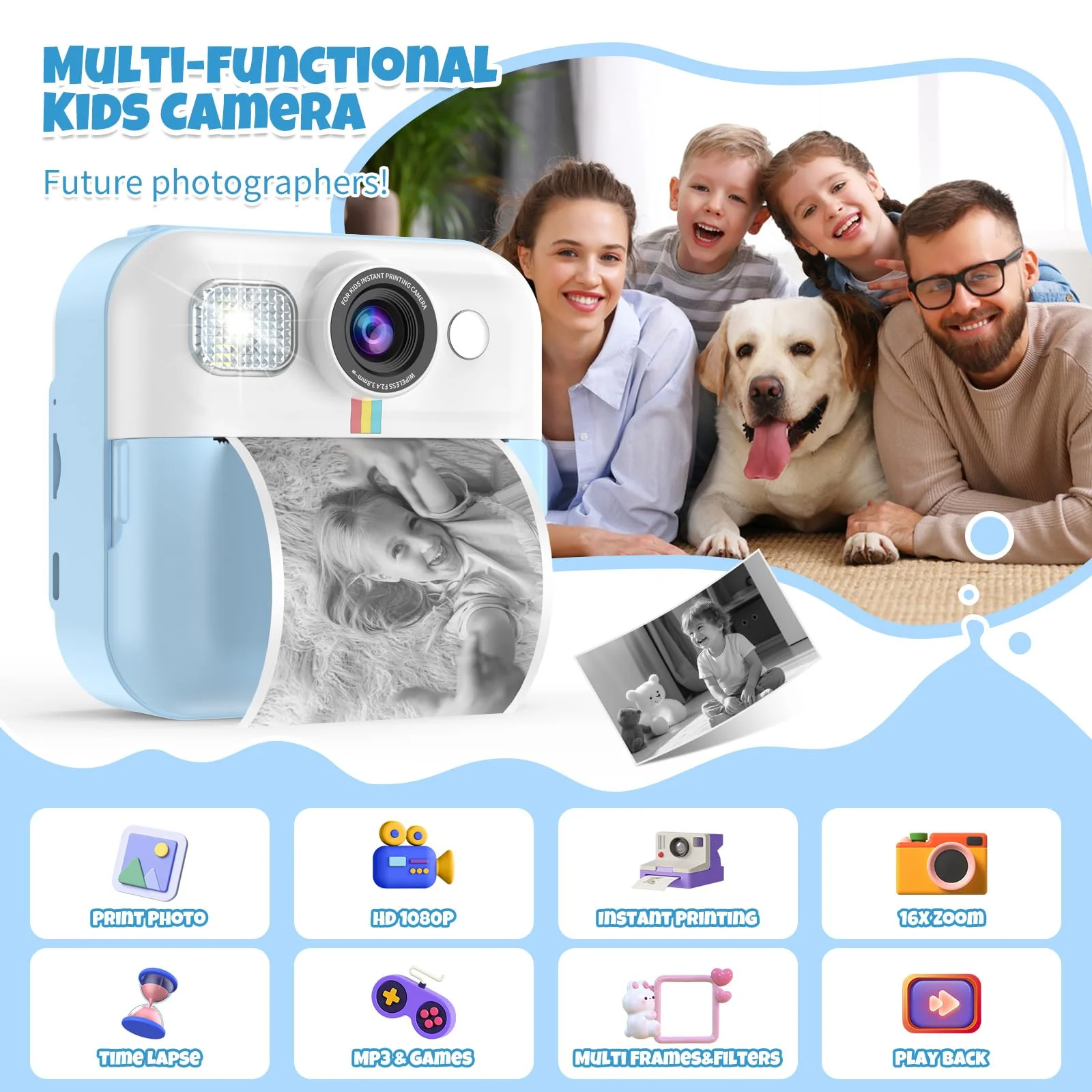 Kid Camera for Boys,Portable Toddler Blue Printing Camera Toy 1080P Video Cameras Children Instant Print Camera for Kids 3 Print Paper & 32G Card Christmas Birthday Gifts(Blue) - Image 2