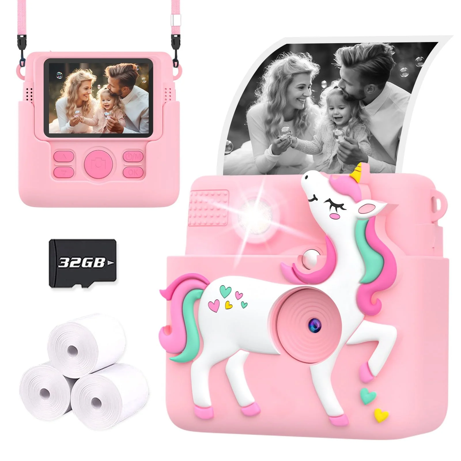 Kids Camera Instant Print, 1080P Cameras for Kids Girls Toys Age 6-8, Christmas Birthday Gift for 7 8 9 10 Year Old Girls, Kids Toys for Girls Age 3-12 with 3 Rolls Paper and a 32G Card-Pink Pink