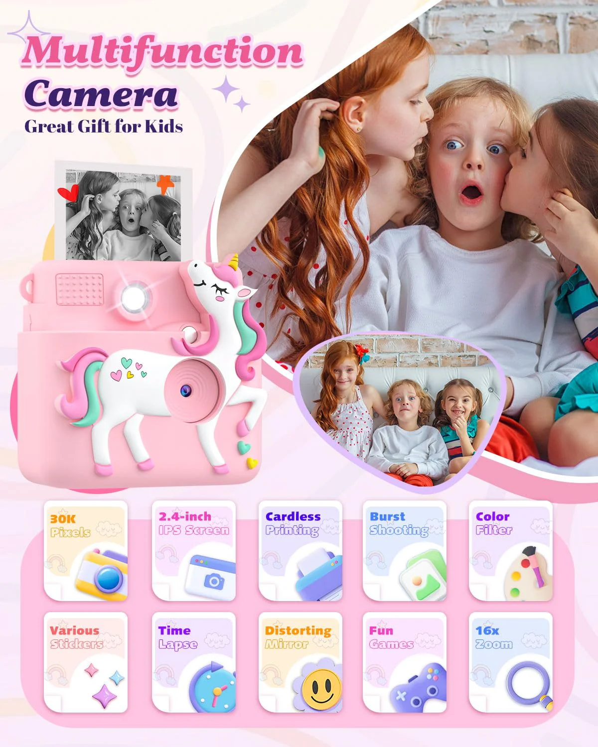 Kids Camera Instant Print, 1080P Cameras for Kids Girls Toys Age 6-8, Christmas Birthday Gift for 7 8 9 10 Year Old Girls, Kids Toys for Girls Age 3-12 with 3 Rolls Paper and a 32G Card-Pink Pink - Image 2
