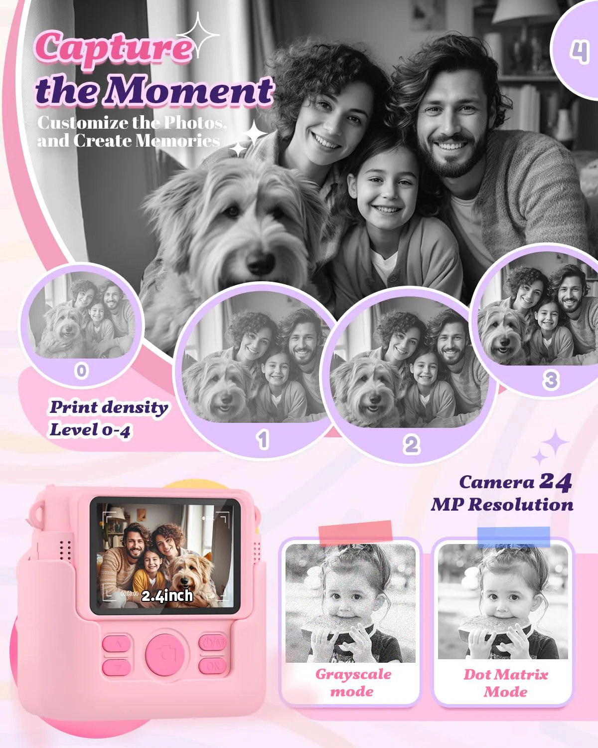 Kids Camera Instant Print, 1080P Cameras for Kids Girls Toys Age 6-8, Christmas Birthday Gift for 7 8 9 10 Year Old Girls, Kids Toys for Girls Age 3-12 with 3 Rolls Paper and a 32G Card-Pink Pink - Image 3