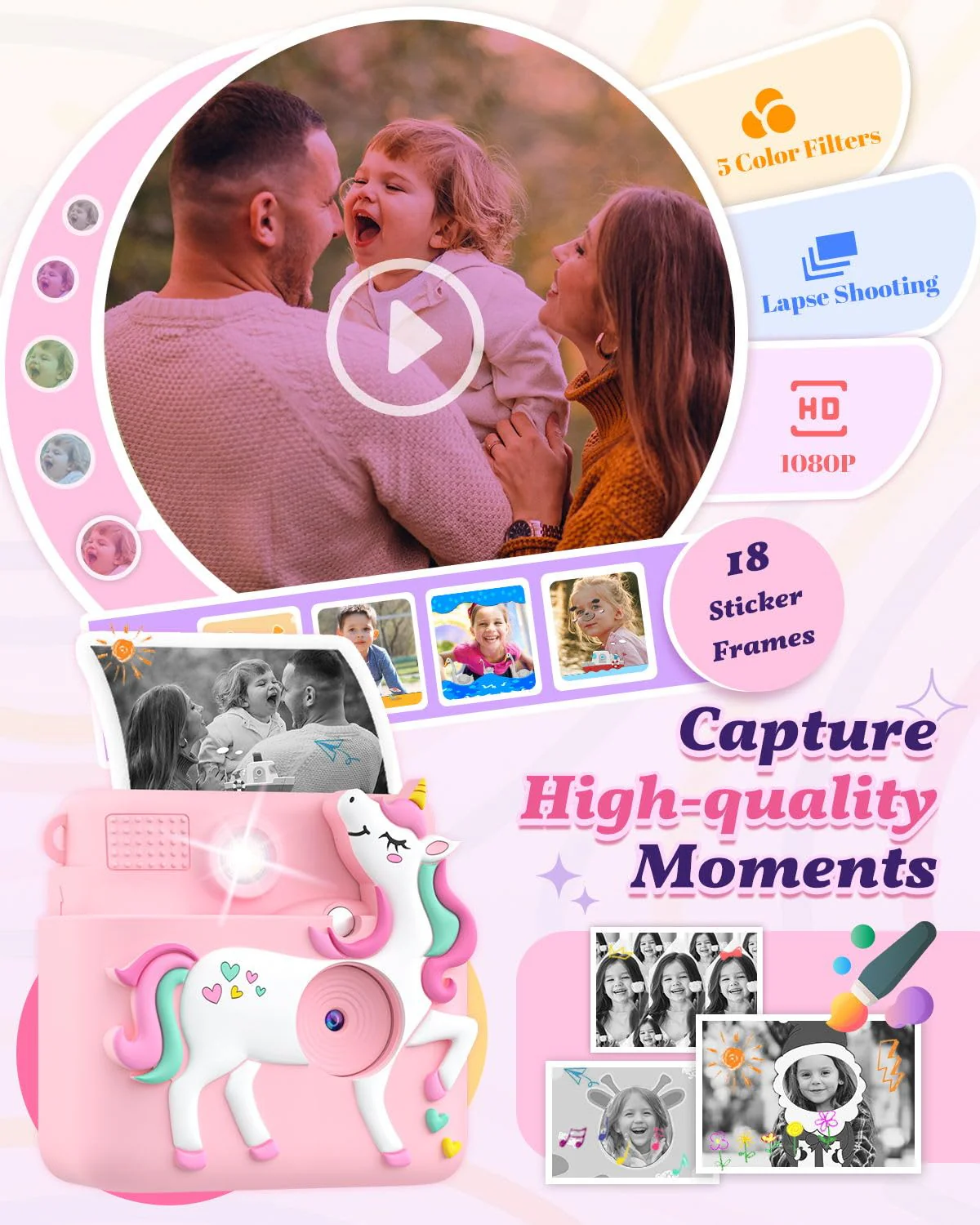 Kids Camera Instant Print, 1080P Cameras for Kids Girls Toys Age 6-8, Christmas Birthday Gift for 7 8 9 10 Year Old Girls, Kids Toys for Girls Age 3-12 with 3 Rolls Paper and a 32G Card-Pink Pink - Image 4