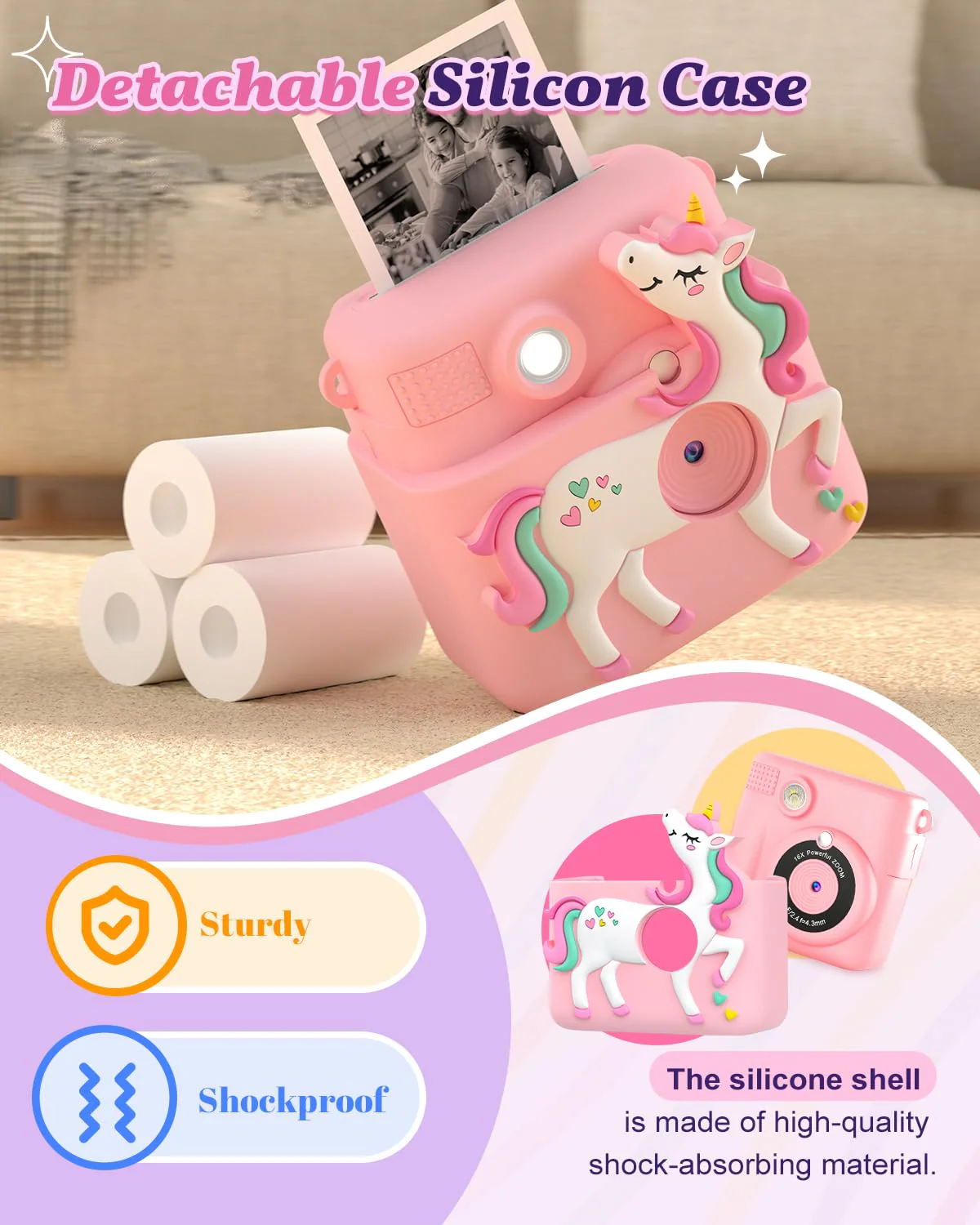 Kids Camera Instant Print, 1080P Cameras for Kids Girls Toys Age 6-8, Christmas Birthday Gift for 7 8 9 10 Year Old Girls, Kids Toys for Girls Age 3-12 with 3 Rolls Paper and a 32G Card-Pink Pink - Image 5