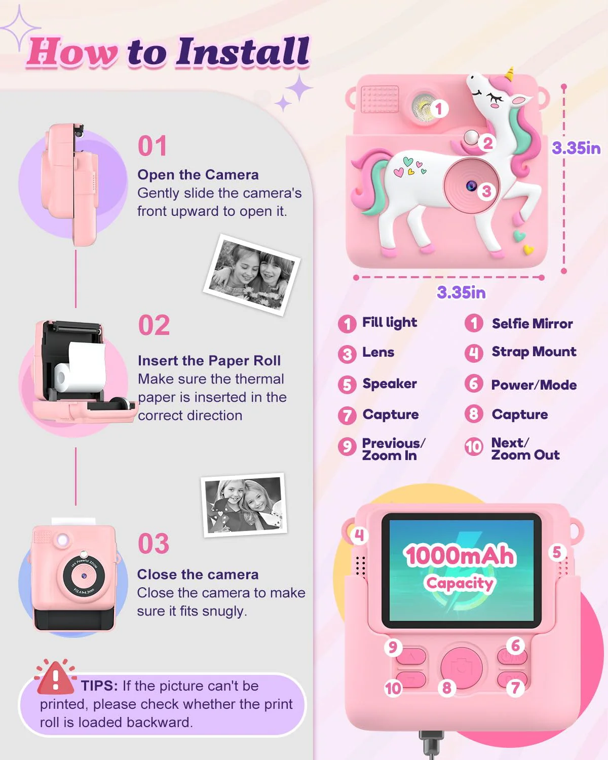 Kids Camera Instant Print, 1080P Cameras for Kids Girls Toys Age 6-8, Christmas Birthday Gift for 7 8 9 10 Year Old Girls, Kids Toys for Girls Age 3-12 with 3 Rolls Paper and a 32G Card-Pink Pink - Image 8