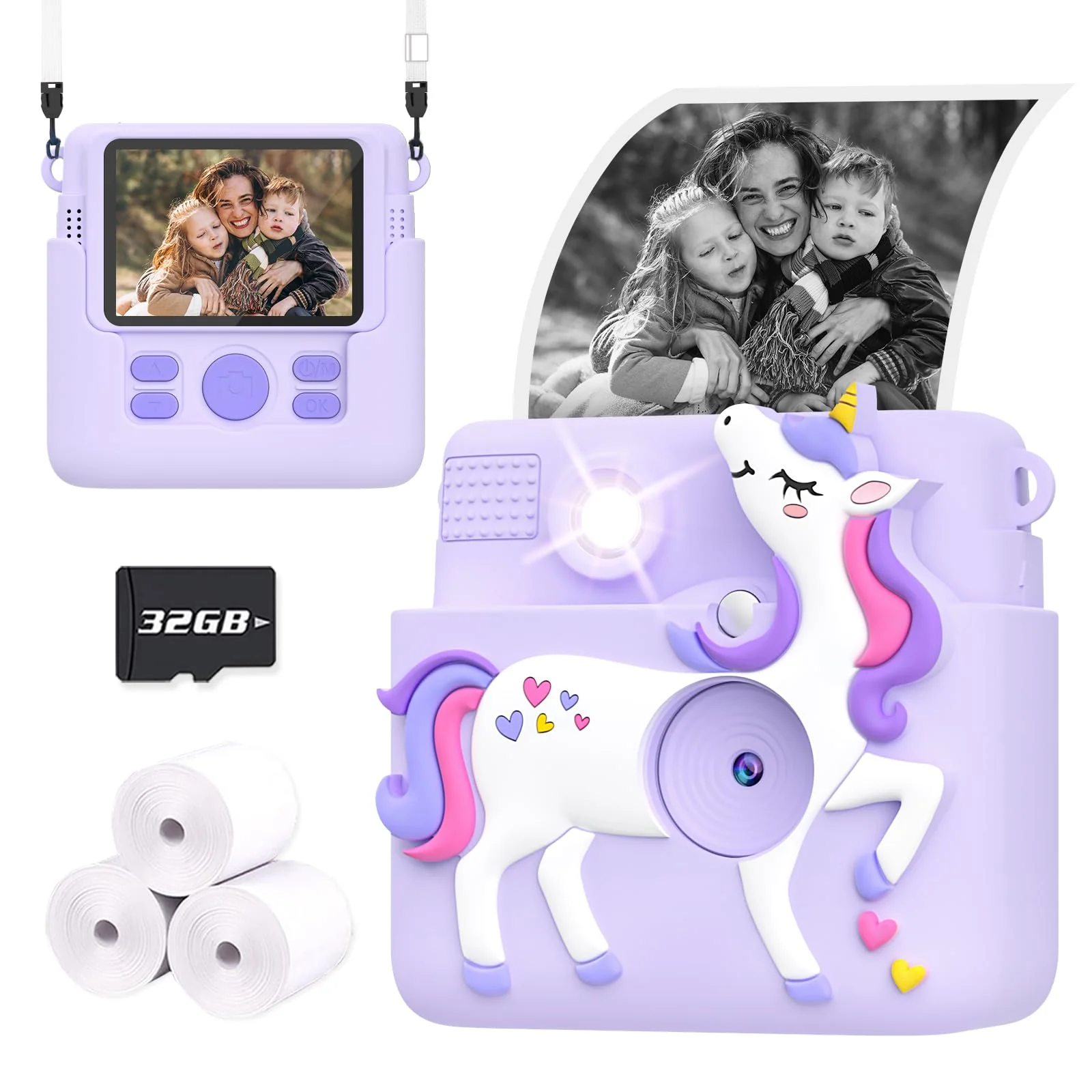 Kids Camera Instant Print, 1080P Cameras for Kids Girls Toys Age 6-8, Christmas Birthday Gift for 7 8 9 10 Year Old Girls, Kids Toys for Girls Age 3-12 with 3 Rolls Paper and a 32G Card-Purple Purple