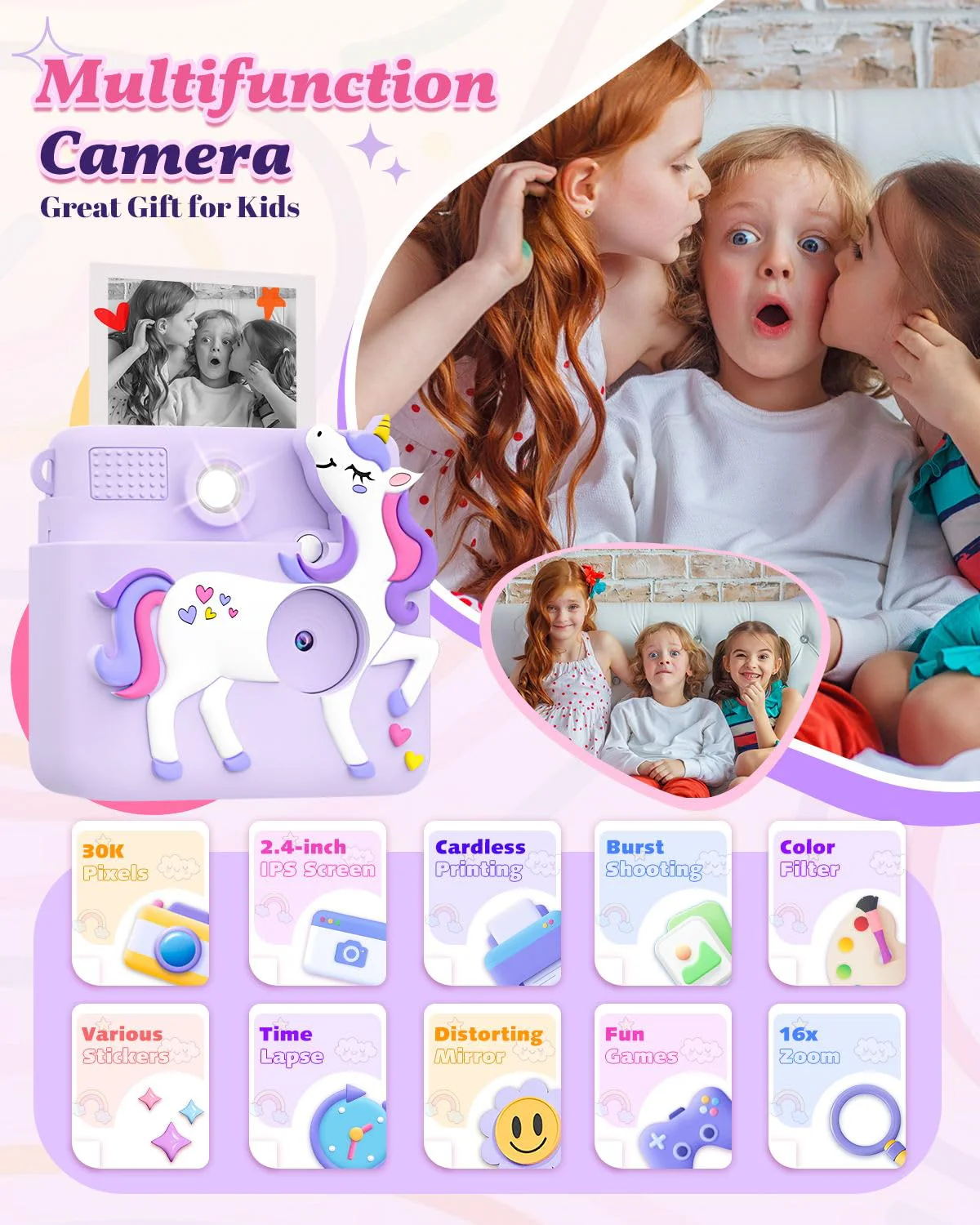 Kids Camera Instant Print, 1080P Cameras for Kids Girls Toys Age 6-8, Christmas Birthday Gift for 7 8 9 10 Year Old Girls, Kids Toys for Girls Age 3-12 with 3 Rolls Paper and a 32G Card-Purple Purple - Image 2