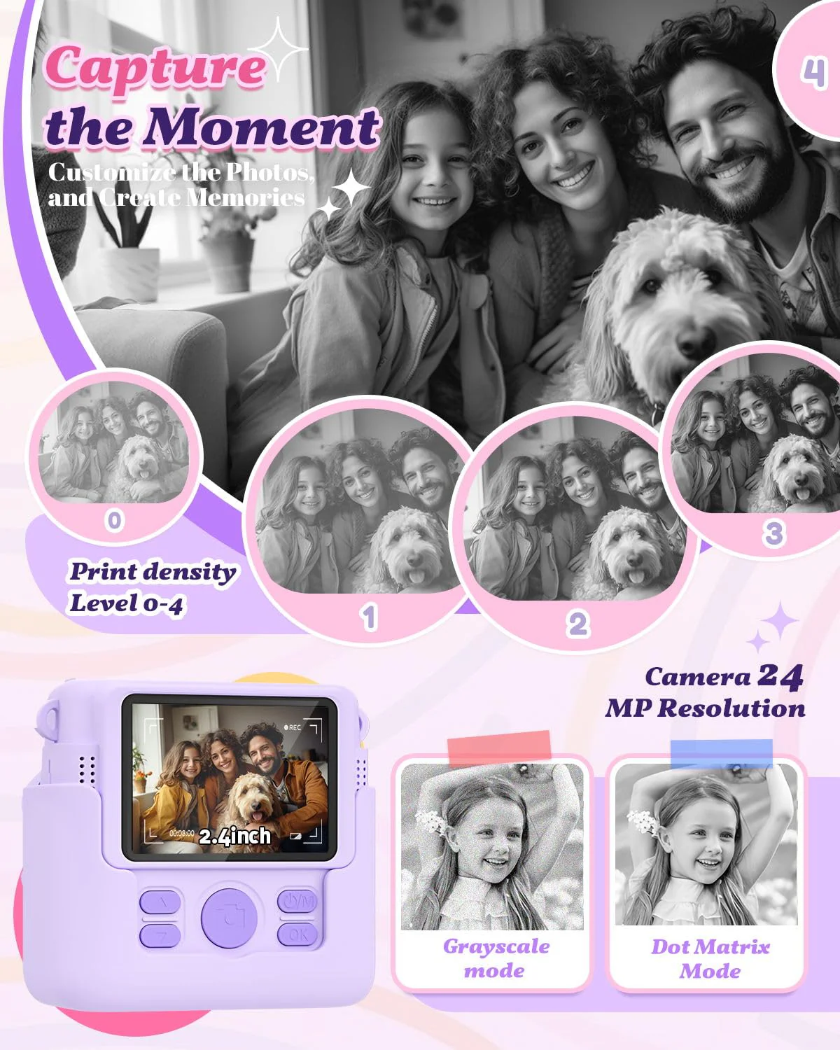 Kids Camera Instant Print, 1080P Cameras for Kids Girls Toys Age 6-8, Christmas Birthday Gift for 7 8 9 10 Year Old Girls, Kids Toys for Girls Age 3-12 with 3 Rolls Paper and a 32G Card-Purple Purple - Image 3