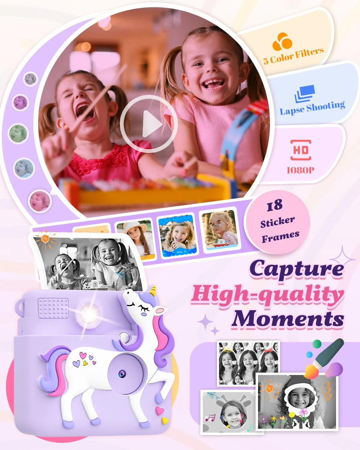 Kids Camera Instant Print, 1080P Cameras for Kids Girls Toys Age 6-8, Christmas Birthday Gift for 7 8 9 10 Year Old Girls, Kids Toys for Girls Age 3-12 with 3 Rolls Paper and a 32G Card-Purple Purple - Image 4