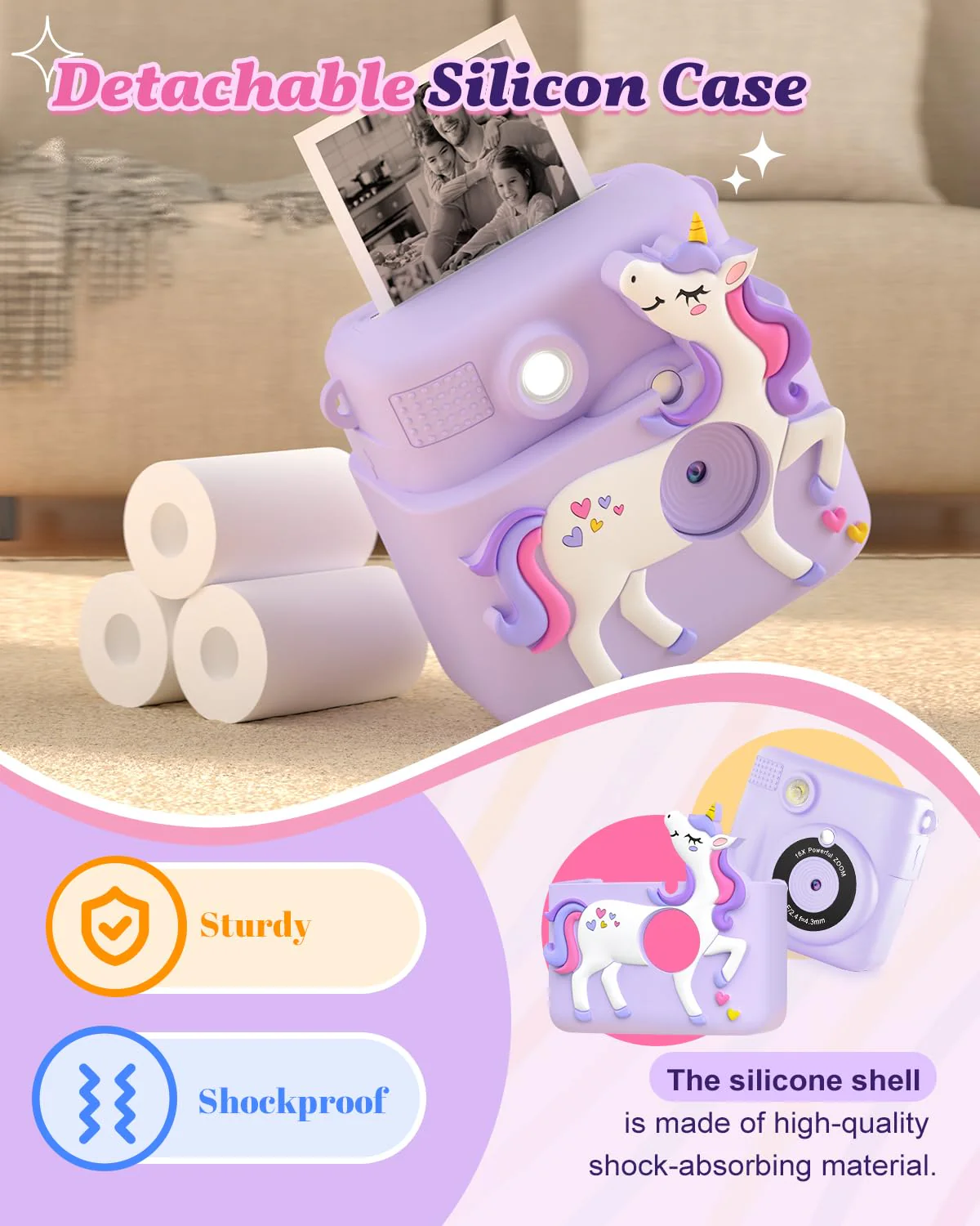 Kids Camera Instant Print, 1080P Cameras for Kids Girls Toys Age 6-8, Christmas Birthday Gift for 7 8 9 10 Year Old Girls, Kids Toys for Girls Age 3-12 with 3 Rolls Paper and a 32G Card-Purple Purple - Image 5