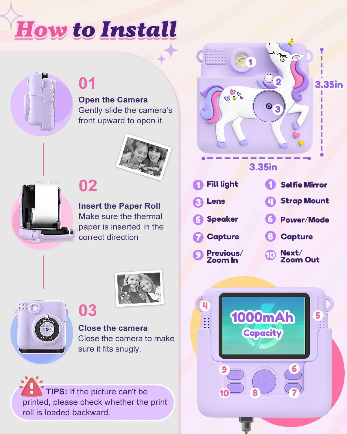 Kids Camera Instant Print, 1080P Cameras for Kids Girls Toys Age 6-8, Christmas Birthday Gift for 7 8 9 10 Year Old Girls, Kids Toys for Girls Age 3-12 with 3 Rolls Paper and a 32G Card-Purple Purple - Image 8