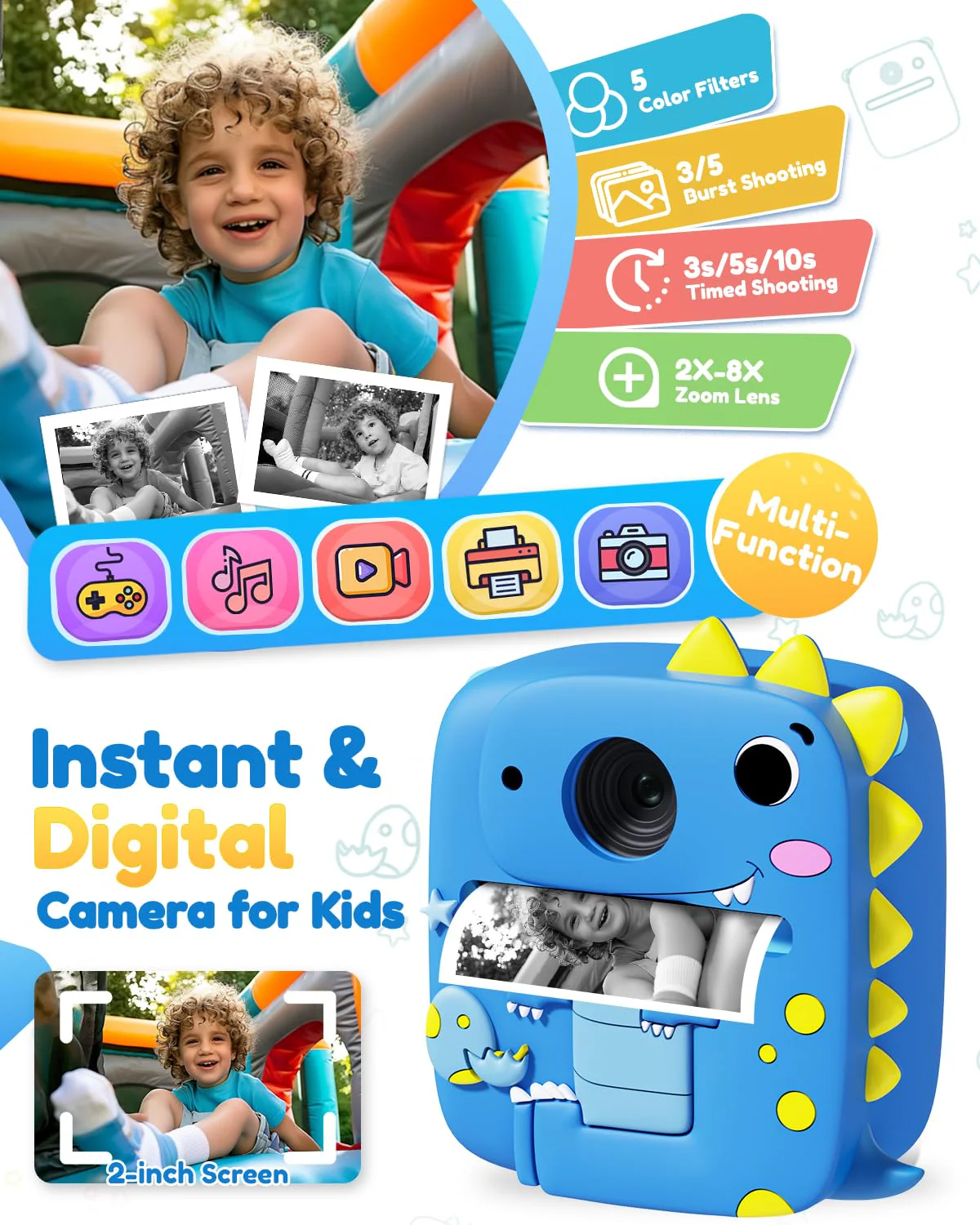 Kids Camera Instant Print, 1080P HD Digital Video Cameras for Kids with Print Paper & SD Card, Christmas Birthday Gifts for Girls Boys, Portable Dinosaur Toys for 3-10 Year Old Girls Boys- Blue - Image 2