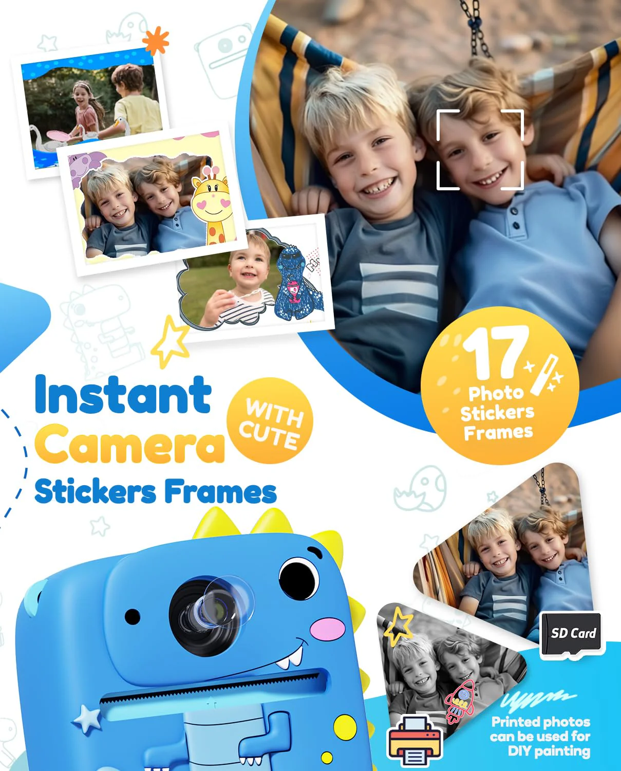 Kids Camera Instant Print, 1080P HD Digital Video Cameras for Kids with Print Paper & SD Card, Christmas Birthday Gifts for Girls Boys, Portable Dinosaur Toys for 3-10 Year Old Girls Boys- Blue - Image 3