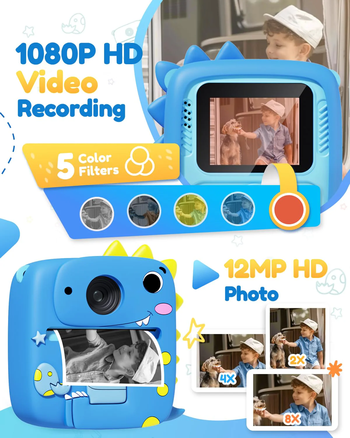 Kids Camera Instant Print, 1080P HD Digital Video Cameras for Kids with Print Paper & SD Card, Christmas Birthday Gifts for Girls Boys, Portable Dinosaur Toys for 3-10 Year Old Girls Boys- Blue - Image 4