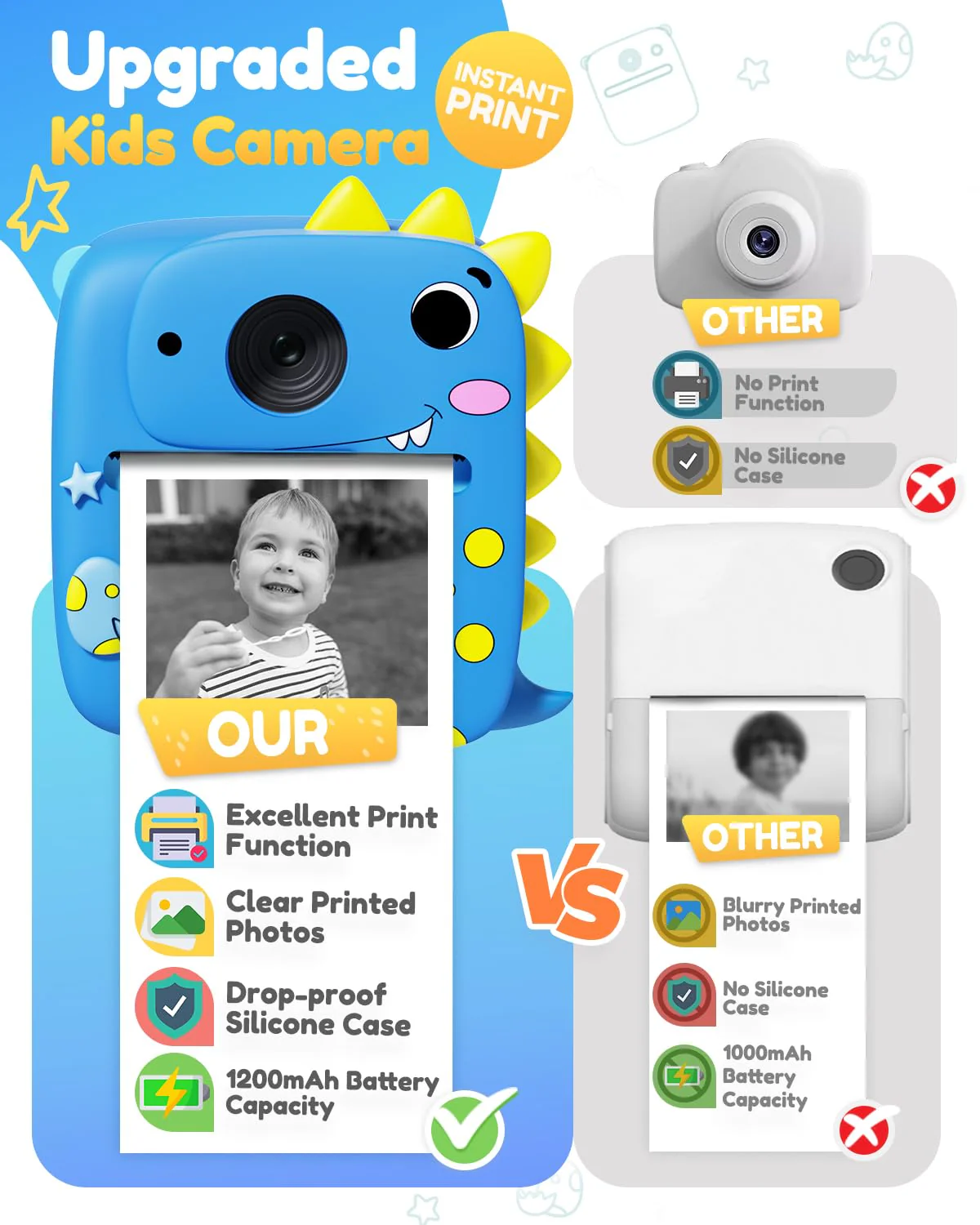 Kids Camera Instant Print, 1080P HD Digital Video Cameras for Kids with Print Paper & SD Card, Christmas Birthday Gifts for Girls Boys, Portable Dinosaur Toys for 3-10 Year Old Girls Boys- Blue - Image 5