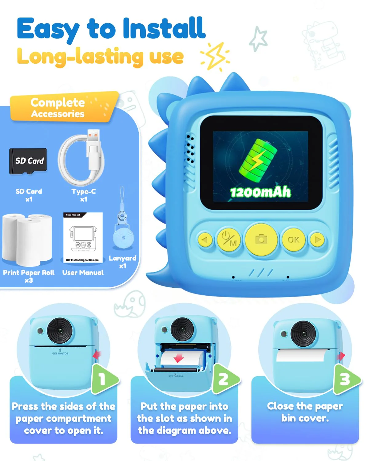 Kids Camera Instant Print, 1080P HD Digital Video Cameras for Kids with Print Paper & SD Card, Christmas Birthday Gifts for Girls Boys, Portable Dinosaur Toys for 3-10 Year Old Girls Boys- Blue - Image 6