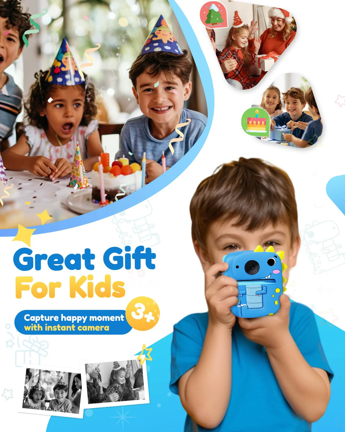 Kids Camera Instant Print, 1080P HD Digital Video Cameras for Kids with Print Paper & SD Card, Christmas Birthday Gifts for Girls Boys, Portable Dinosaur Toys for 3-10 Year Old Girls Boys- Blue - Image 7