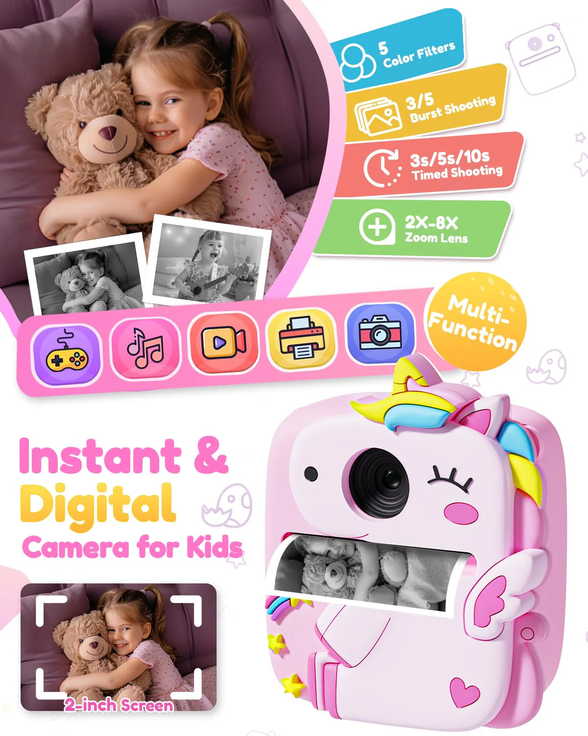 Kids Camera Instant Print, 1080P HD Digital Video Cameras for Kids with Print Paper & SD Card, Christmas Birthday Gifts for Girls Boys, Portable Unicorn Toys for 3-10 Year Old Girls Boys- Pink - Image 2