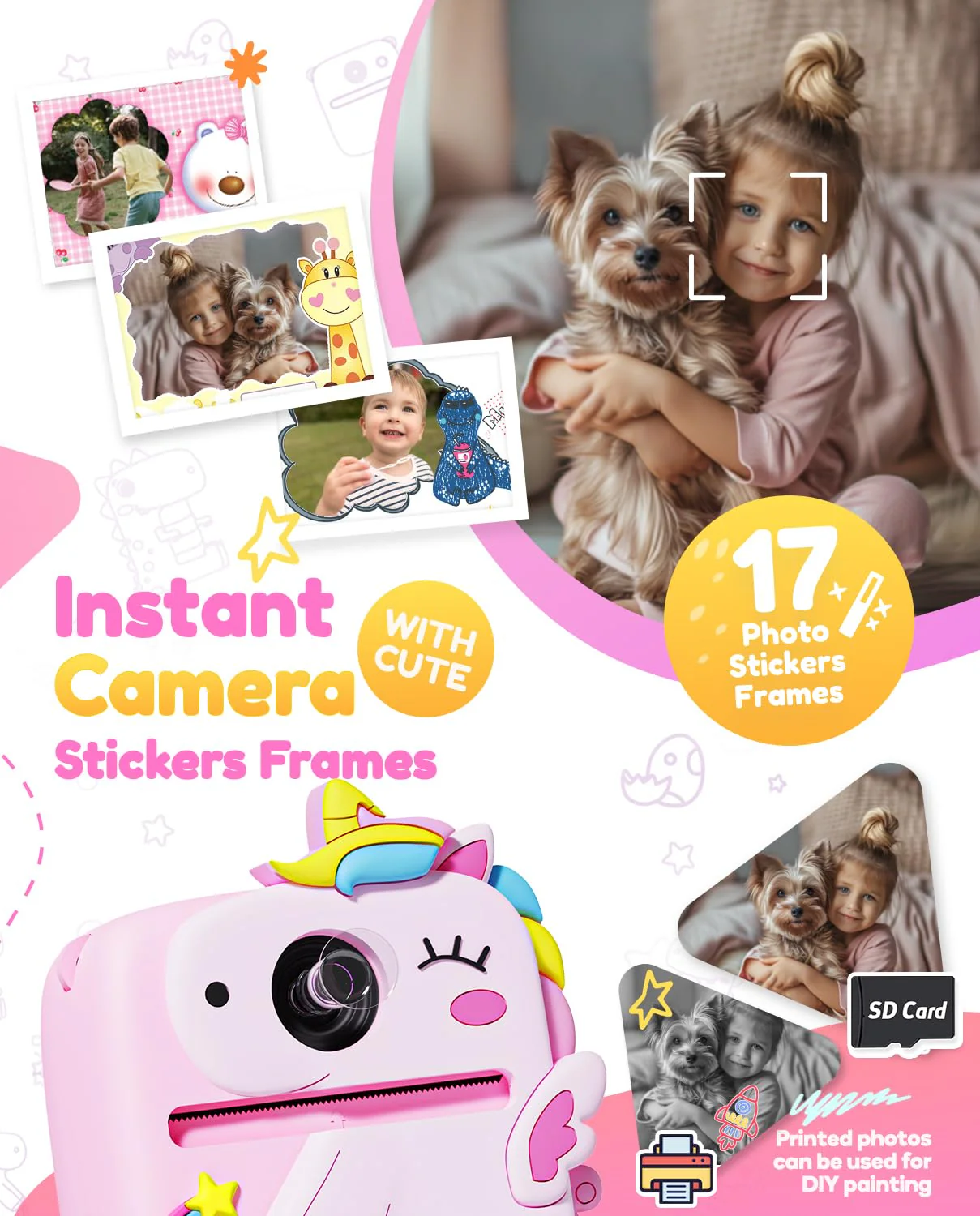 Kids Camera Instant Print, 1080P HD Digital Video Cameras for Kids with Print Paper & SD Card, Christmas Birthday Gifts for Girls Boys, Portable Unicorn Toys for 3-10 Year Old Girls Boys- Pink - Image 3
