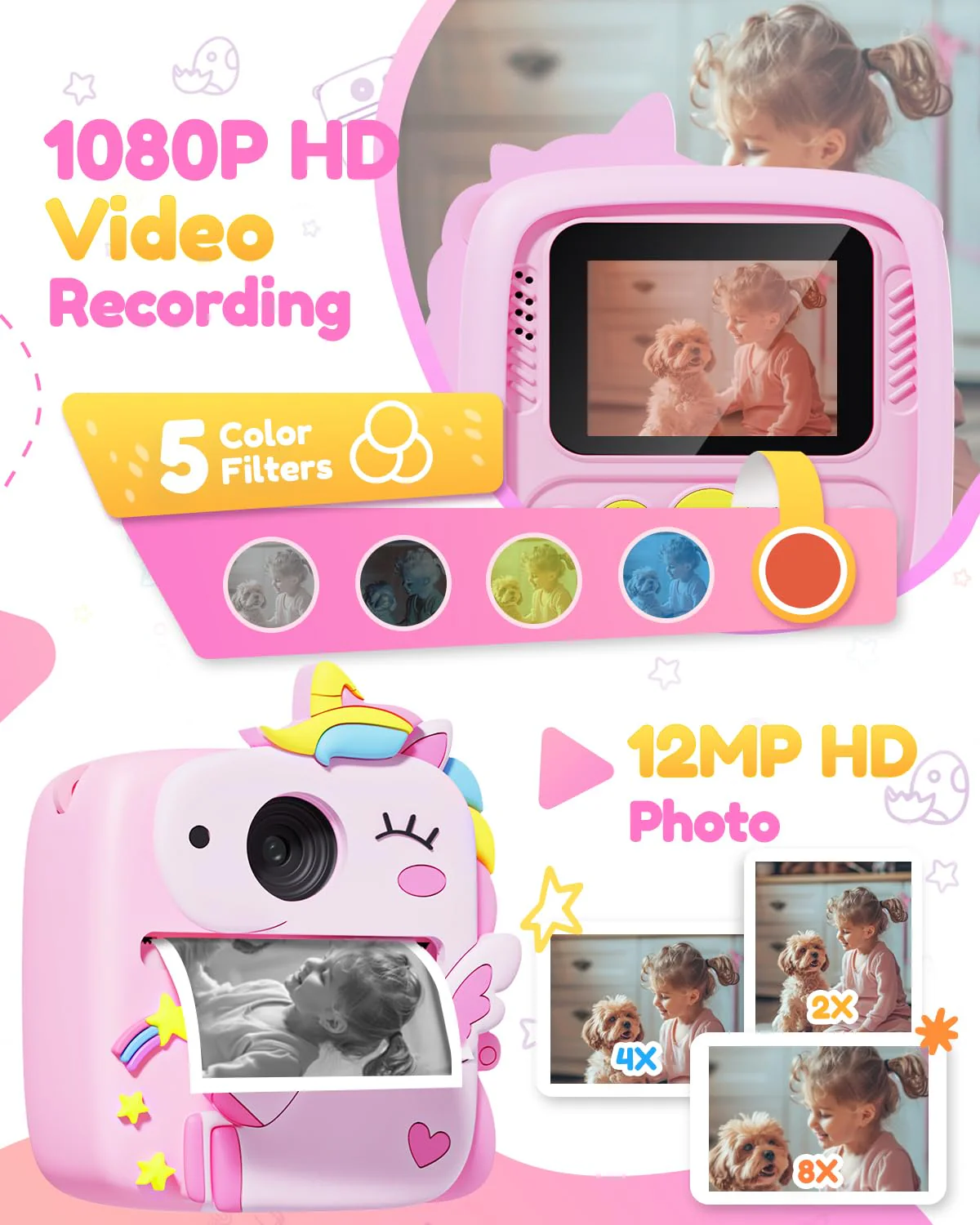 Kids Camera Instant Print, 1080P HD Digital Video Cameras for Kids with Print Paper & SD Card, Christmas Birthday Gifts for Girls Boys, Portable Unicorn Toys for 3-10 Year Old Girls Boys- Pink - Image 4