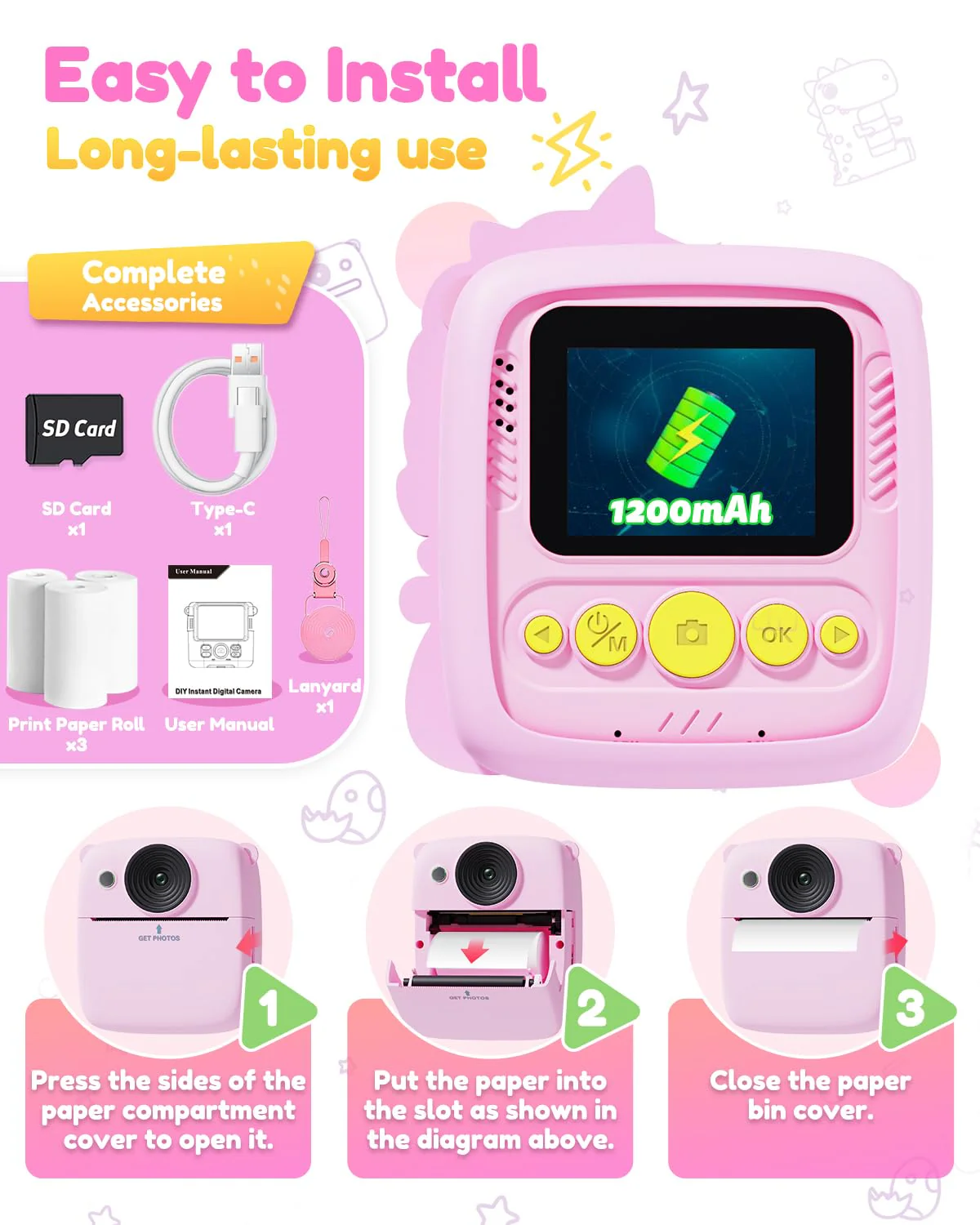 Kids Camera Instant Print, 1080P HD Digital Video Cameras for Kids with Print Paper & SD Card, Christmas Birthday Gifts for Girls Boys, Portable Unicorn Toys for 3-10 Year Old Girls Boys- Pink - Image 6