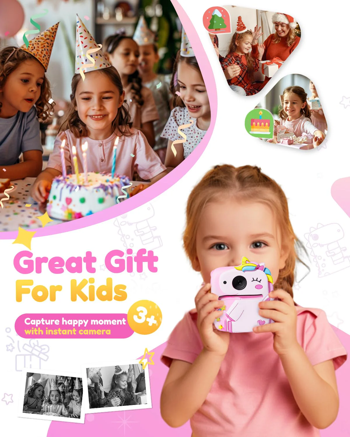 Kids Camera Instant Print, 1080P HD Digital Video Cameras for Kids with Print Paper & SD Card, Christmas Birthday Gifts for Girls Boys, Portable Unicorn Toys for 3-10 Year Old Girls Boys- Pink - Image 7