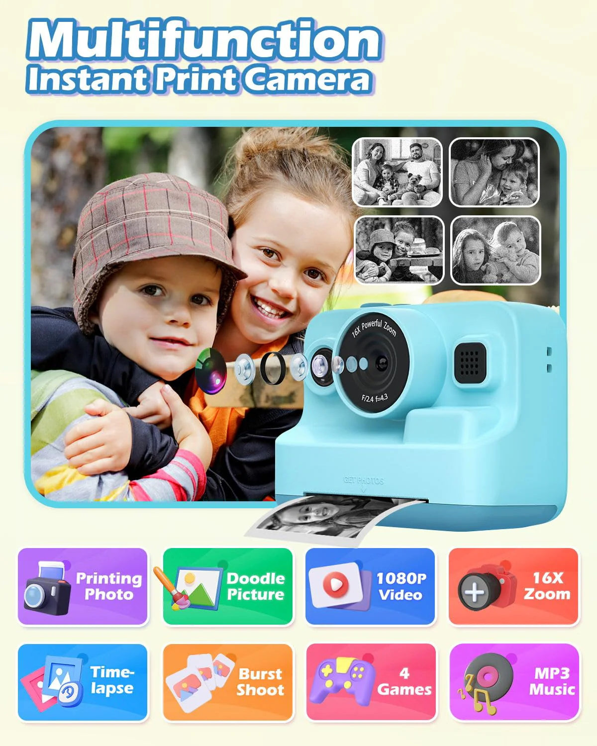 Kids Camera Instant Print, 1080P Kids Digital Camera with Printer Paper, Christmas Birthday Gift for Girls Boys Age 3-12, Kids Print Camera Toy for 4 5 6 7 8 Year Old Boy, 32G SD Card - Blue - Image 2