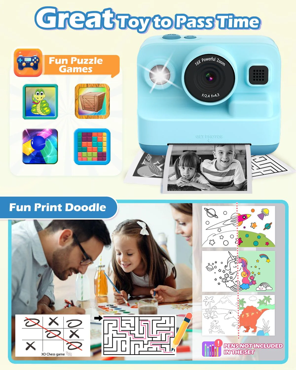Kids Camera Instant Print, 1080P Kids Digital Camera with Printer Paper, Christmas Birthday Gift for Girls Boys Age 3-12, Kids Print Camera Toy for 4 5 6 7 8 Year Old Boy, 32G SD Card - Blue - Image 5