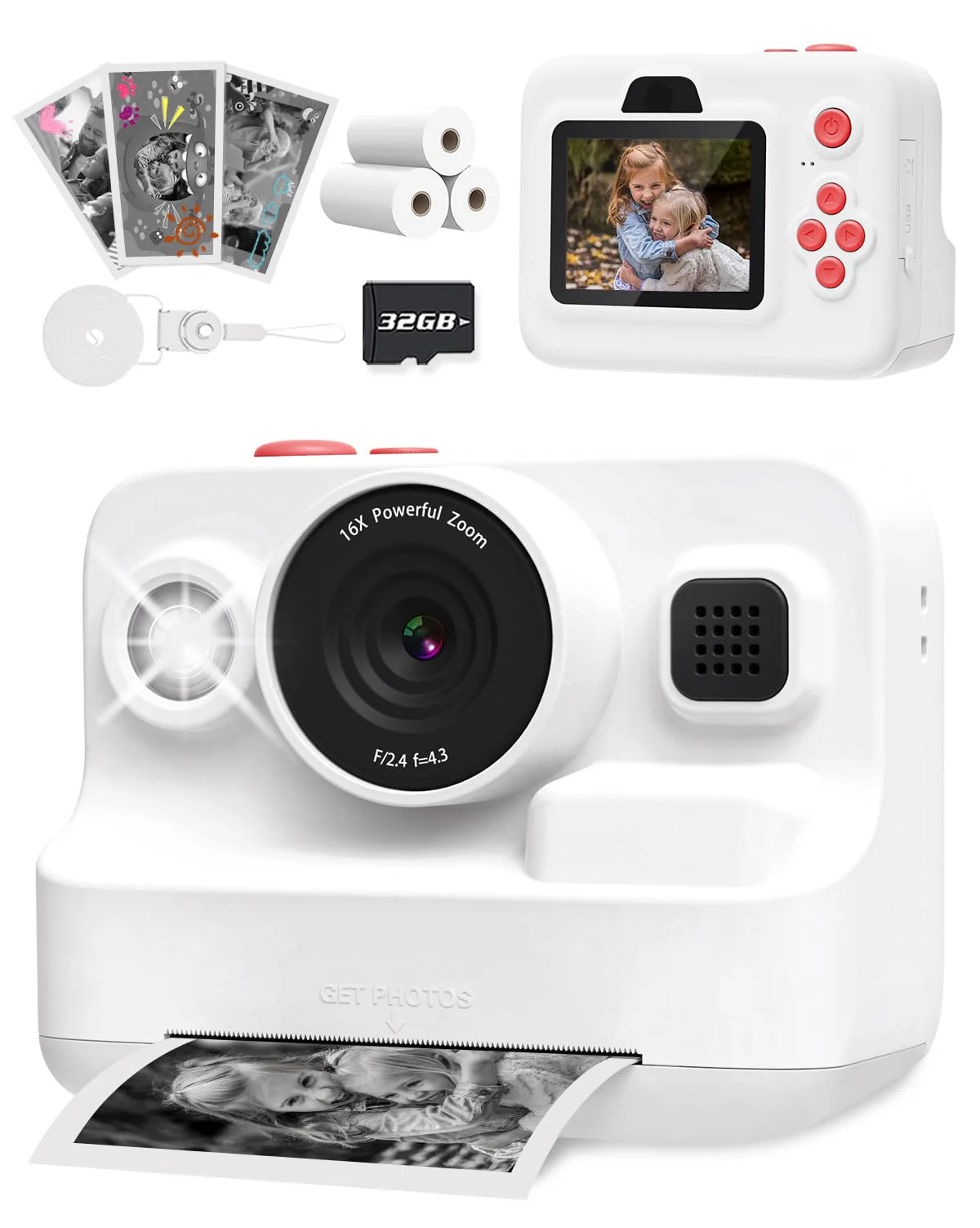 Kids Camera Instant Print, 1080P Kids Digital Camera with Printer Paper, Christmas Birthday Gift for Girls Boys Age 3-12, Kids Print Camera Toy for 4 5 6 7 8 Year Old Boy, 32G SD Card - White