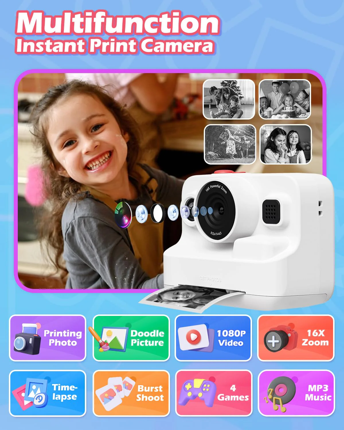 Kids Camera Instant Print, 1080P Kids Digital Camera with Printer Paper, Christmas Birthday Gift for Girls Boys Age 3-12, Kids Print Camera Toy for 4 5 6 7 8 Year Old Boy, 32G SD Card - White - Image 2