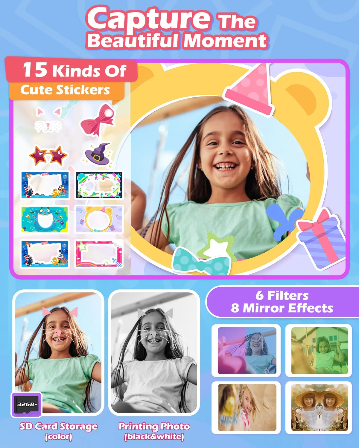 Kids Camera Instant Print, 1080P Kids Digital Camera with Printer Paper, Christmas Birthday Gift for Girls Boys Age 3-12, Kids Print Camera Toy for 4 5 6 7 8 Year Old Boy, 32G SD Card - White - Image 3