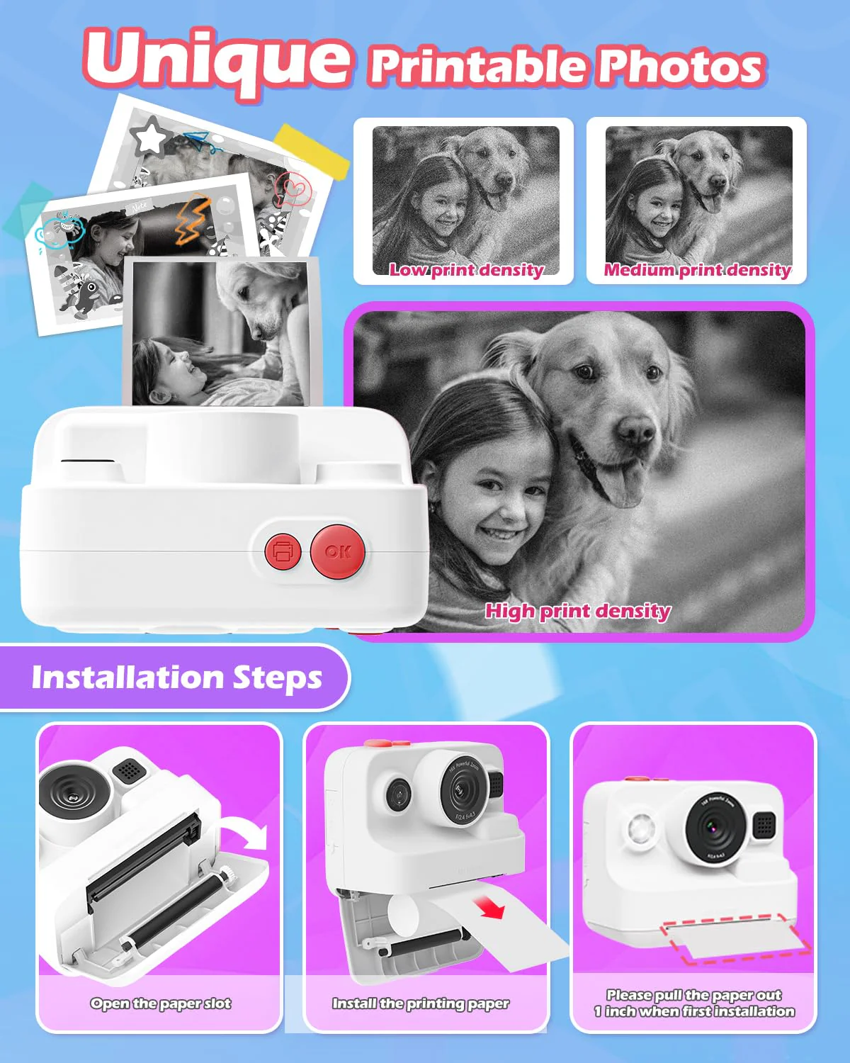 Kids Camera Instant Print, 1080P Kids Digital Camera with Printer Paper, Christmas Birthday Gift for Girls Boys Age 3-12, Kids Print Camera Toy for 4 5 6 7 8 Year Old Boy, 32G SD Card - White - Image 4