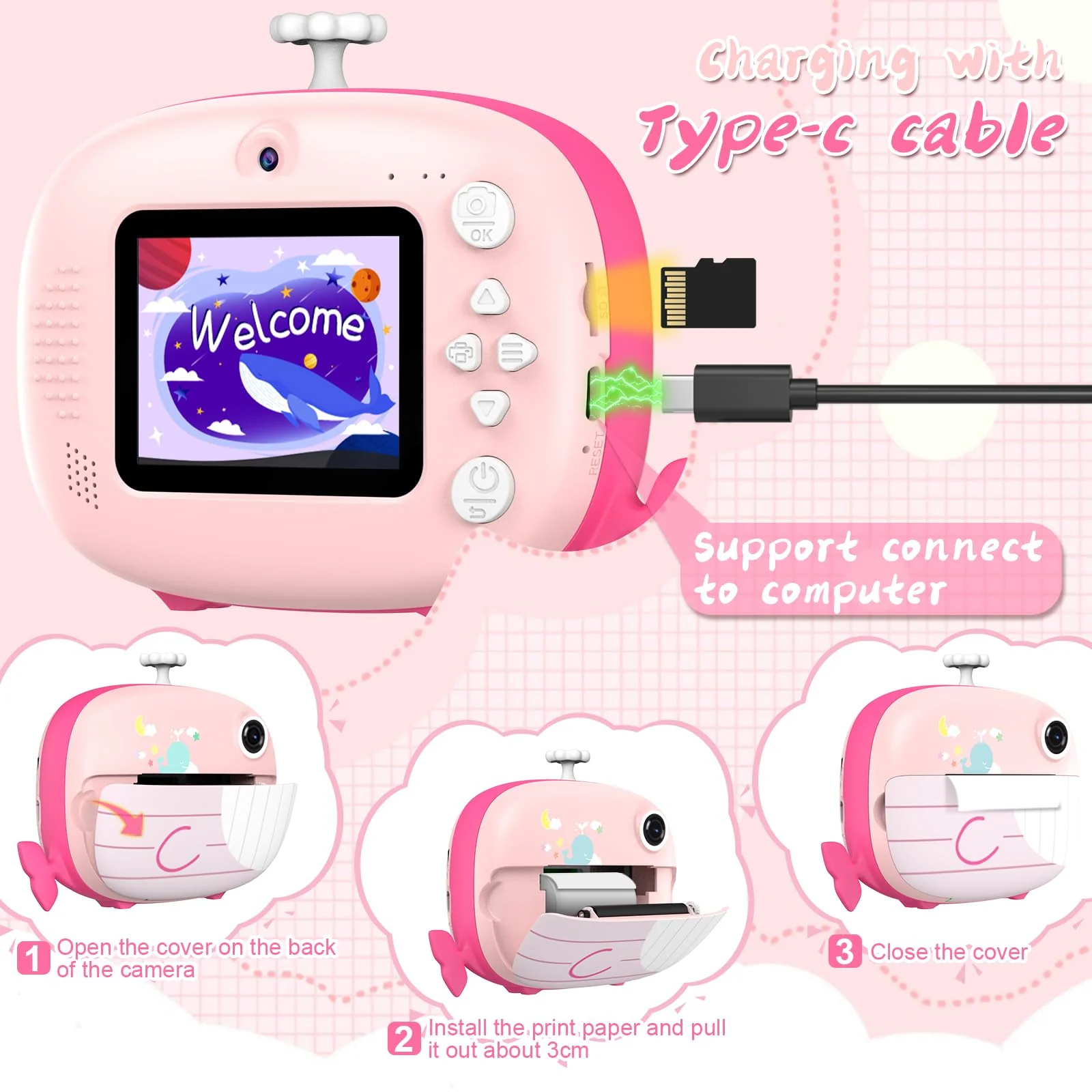 Kids Camera Instant Print 12MP Instant Camera for Kids Ink Free Printing Camera for Kids Aged 3-10 Selfie Camera for Kids 3 4 5 6 7 8 9 10 Year Old Boys Girls Gifts Pink - Image 3