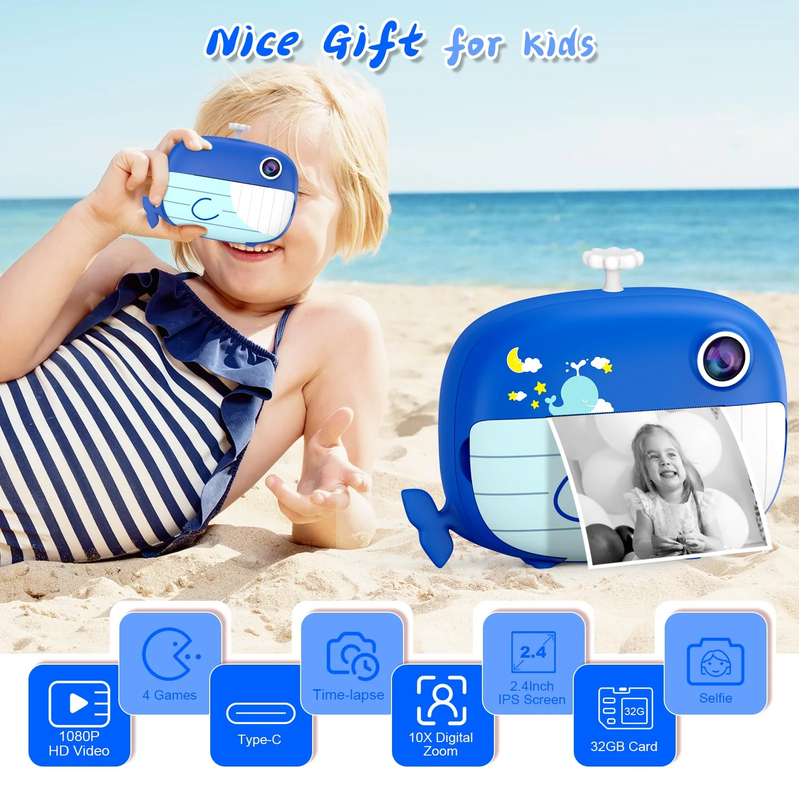 Kids Camera Instant Print 12MP Instant Camera for Kids Ink Free Printing Selfie Camera for Kids Aged 3-10 Portable Camera for Kids 3 4 5 6 7 8 9 10 Year Old Boys Girls Gifts Blue - Image 2