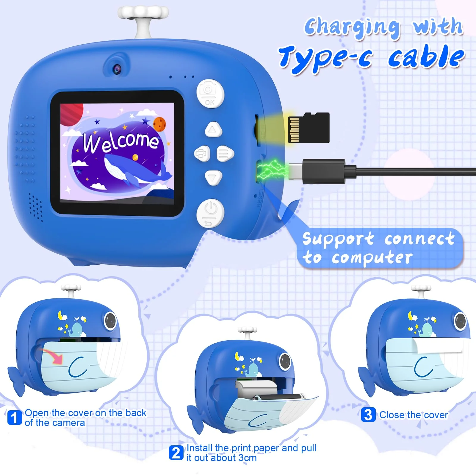 Kids Camera Instant Print 12MP Instant Camera for Kids Ink Free Printing Selfie Camera for Kids Aged 3-10 Portable Camera for Kids 3 4 5 6 7 8 9 10 Year Old Boys Girls Gifts Blue - Image 5