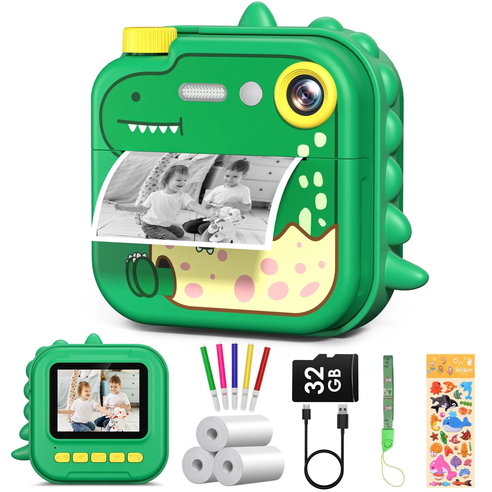 Kids Camera Instant Print,2.4 Inch Screen 12MP / 1080P HD Video Camera,3-12 Boys Girls Christmas Birthday Dinosaur Toys Gifts,Kids Instant Digital Camera Green
