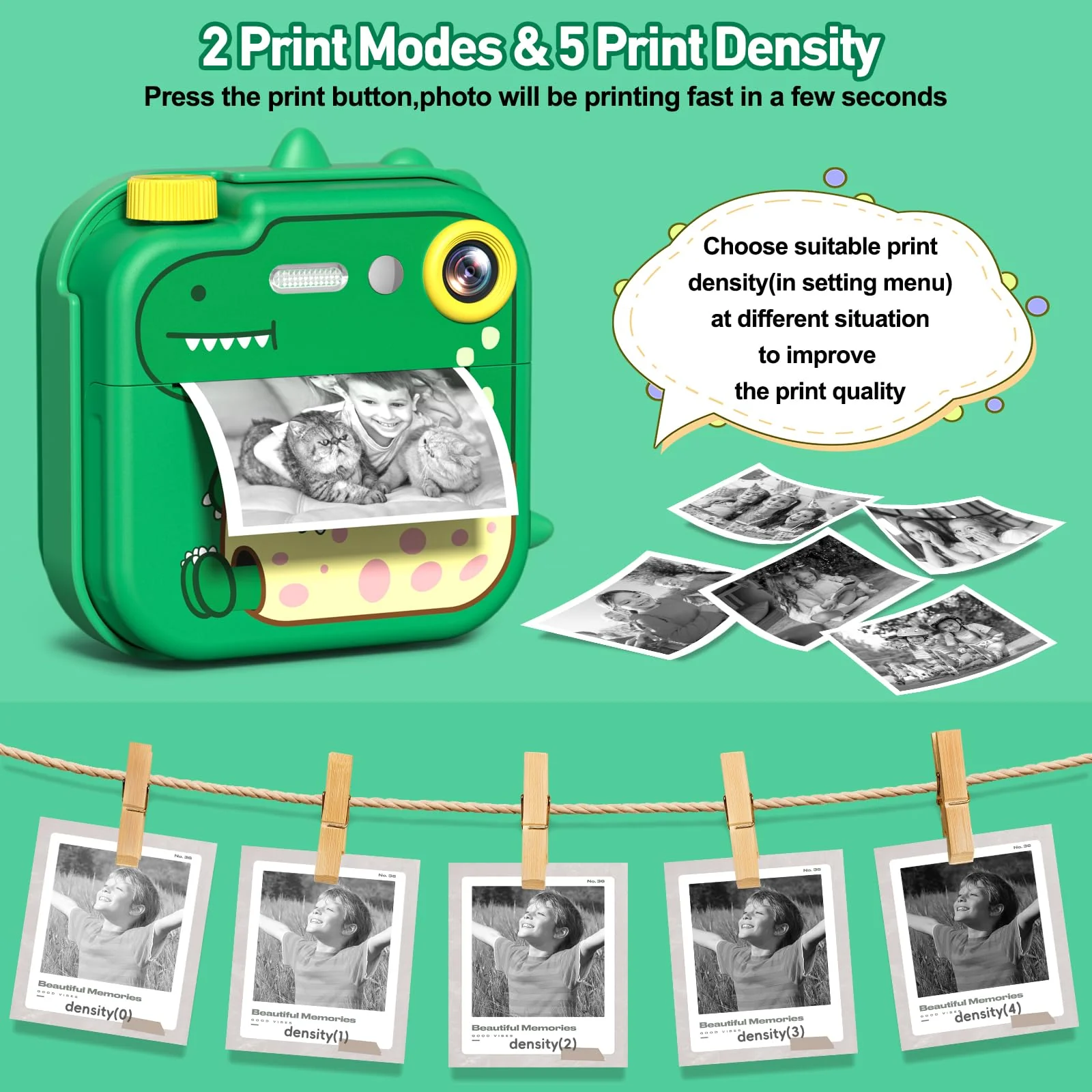 Kids Camera Instant Print,2.4 Inch Screen 12MP / 1080P HD Video Camera,3-12 Boys Girls Christmas Birthday Dinosaur Toys Gifts,Kids Instant Digital Camera Green - Image 3