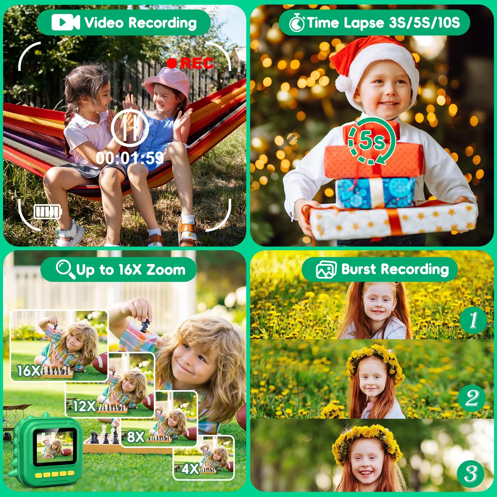 Kids Camera Instant Print,2.4 Inch Screen 12MP / 1080P HD Video Camera,3-12 Boys Girls Christmas Birthday Dinosaur Toys Gifts,Kids Instant Digital Camera Green - Image 4