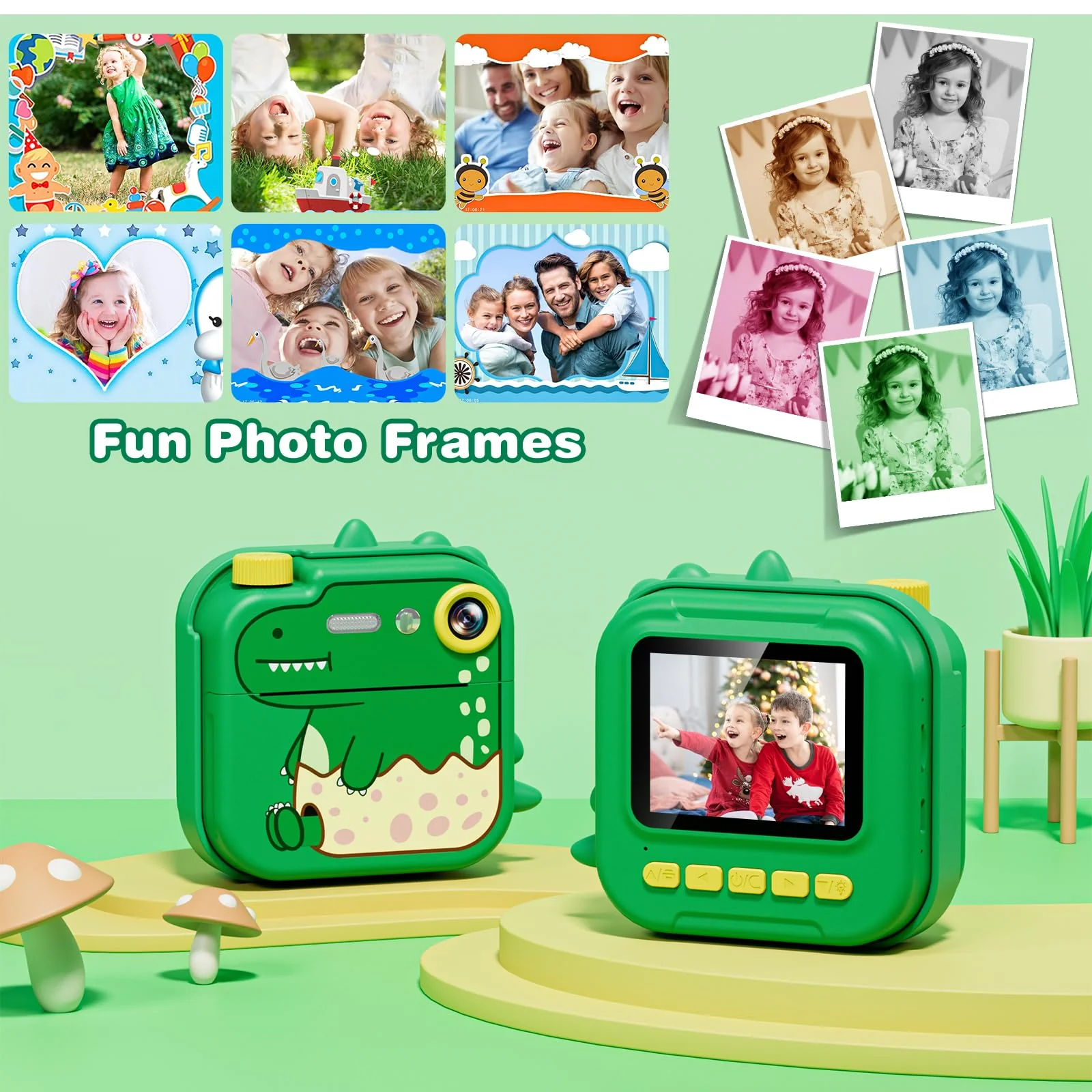 Kids Camera Instant Print,2.4 Inch Screen 12MP / 1080P HD Video Camera,3-12 Boys Girls Christmas Birthday Dinosaur Toys Gifts,Kids Instant Digital Camera Green - Image 5