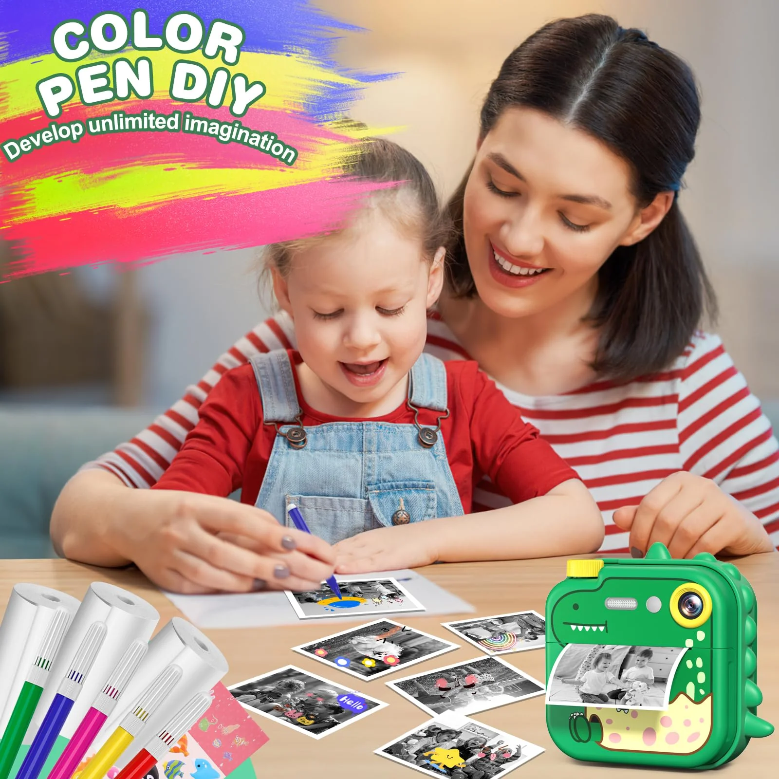 Kids Camera Instant Print,2.4 Inch Screen 12MP / 1080P HD Video Camera,3-12 Boys Girls Christmas Birthday Dinosaur Toys Gifts,Kids Instant Digital Camera Green - Image 6