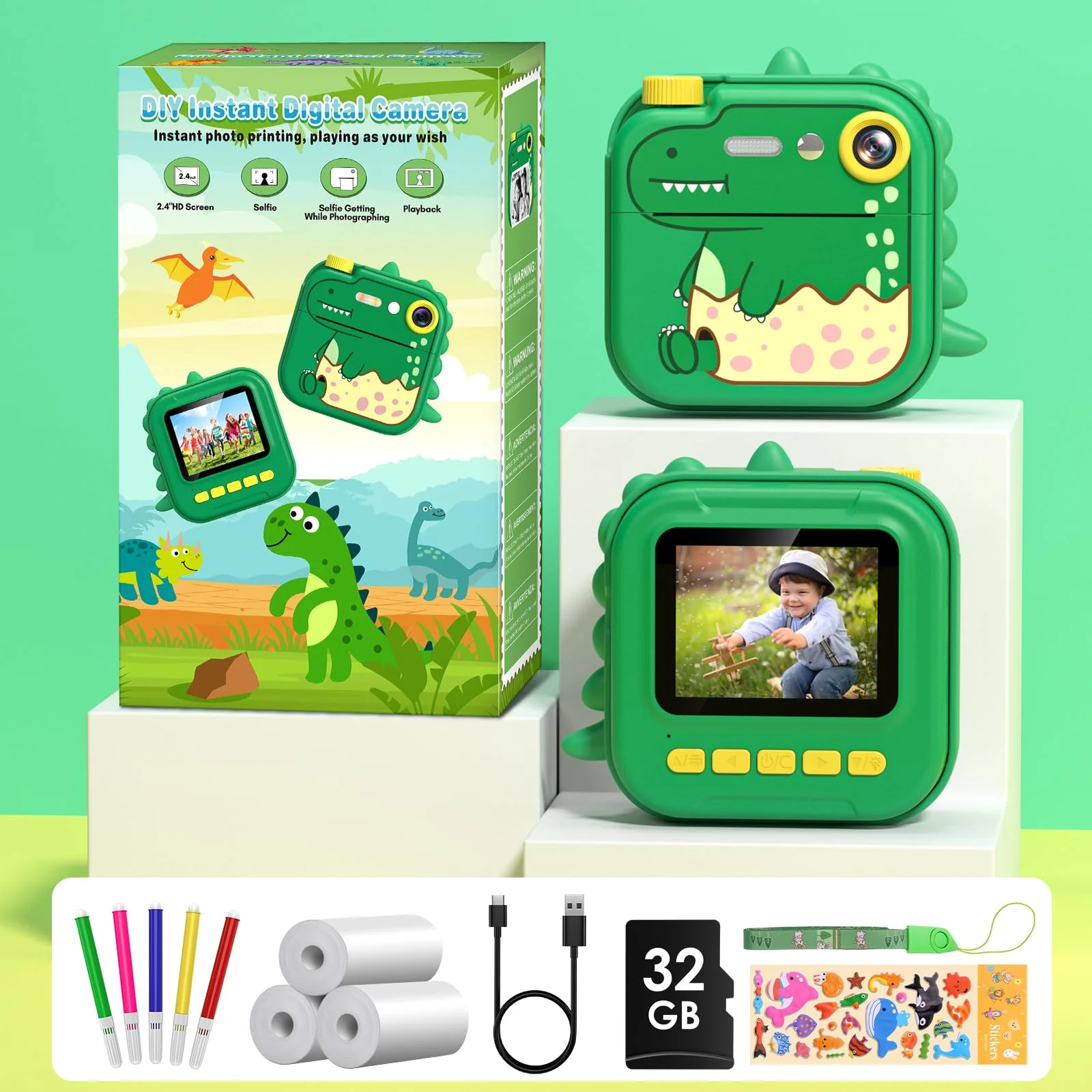 Kids Camera Instant Print,2.4 Inch Screen 12MP / 1080P HD Video Camera,3-12 Boys Girls Christmas Birthday Dinosaur Toys Gifts,Kids Instant Digital Camera Green - Image 7