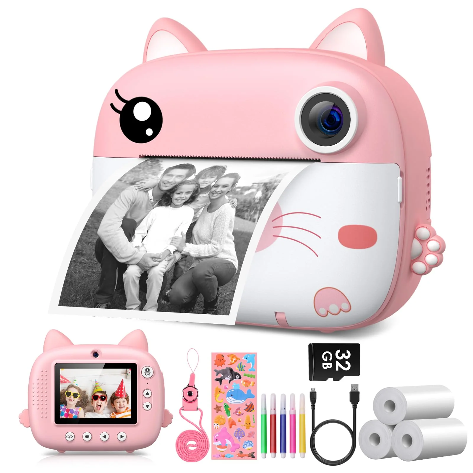 Kids Camera Instant Print,2.5K Digital Video Instant Print Camera for Kids, Selfie Toddler Cameras Print Paper & 32G Card, Christams Birthday Gifts for Girls Boys Age 3-12 Pink1