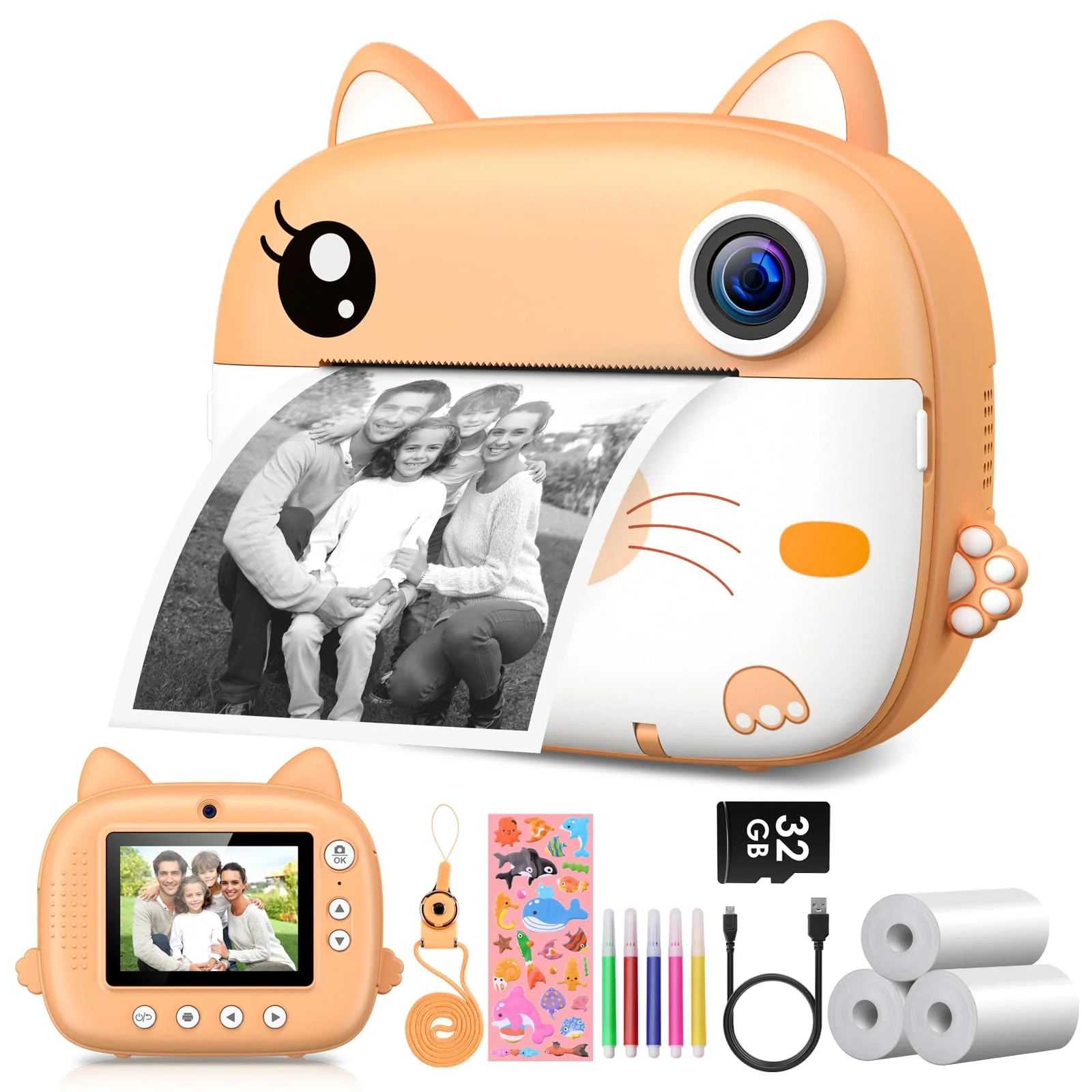 Kids Camera Instant Print,2.5K Digital Video Instant Print Camera for Kids, Selfie Toddler Cameras Print Paper & 32G SD Card, Christams Birthday Gifts for Girls Boys Age 3-12(yellow) Yellow