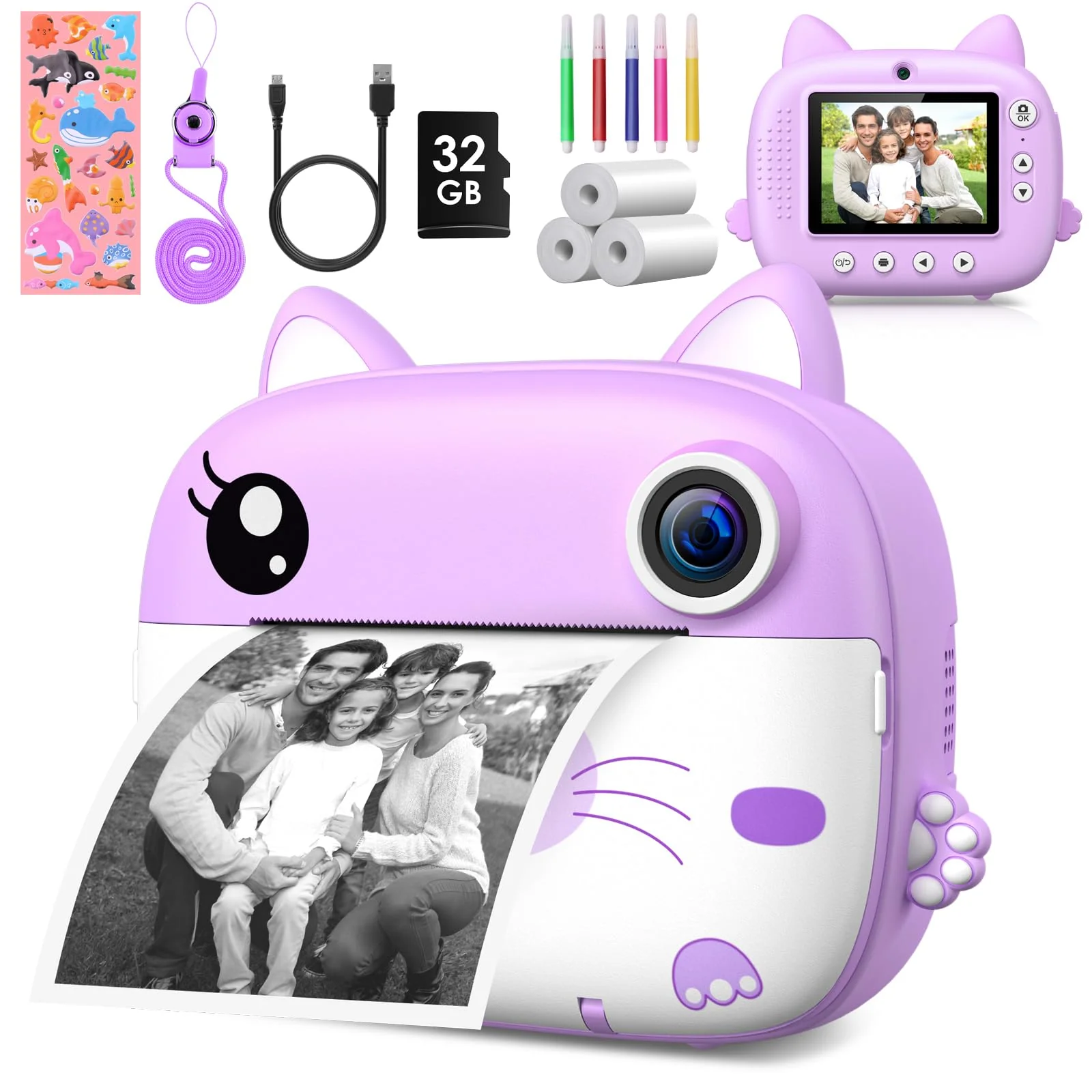 Kids Camera Instant Print,2.5K Digital Video Instant Print Camera for Kids, Selfie Toddler Cameras with No Ink Print Paper & 32G SD Card, Christams Birthday Gifts for Girls Boys Age 3-12 Purple