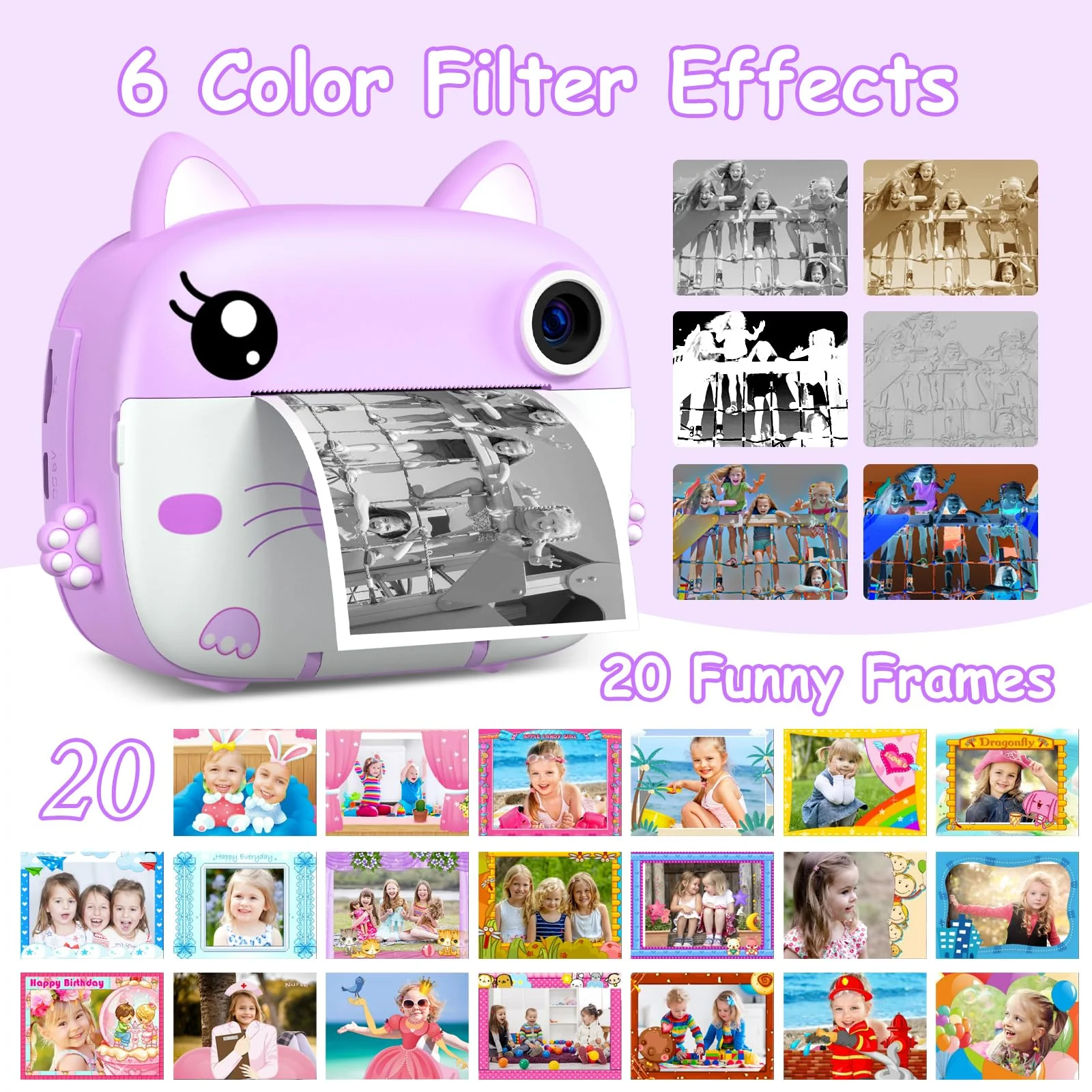 Kids Camera Instant Print,2.5K Digital Video Instant Print Camera for Kids, Selfie Toddler Cameras with No Ink Print Paper & 32G SD Card, Christams Birthday Gifts for Girls Boys Age 3-12 Purple - Image 5