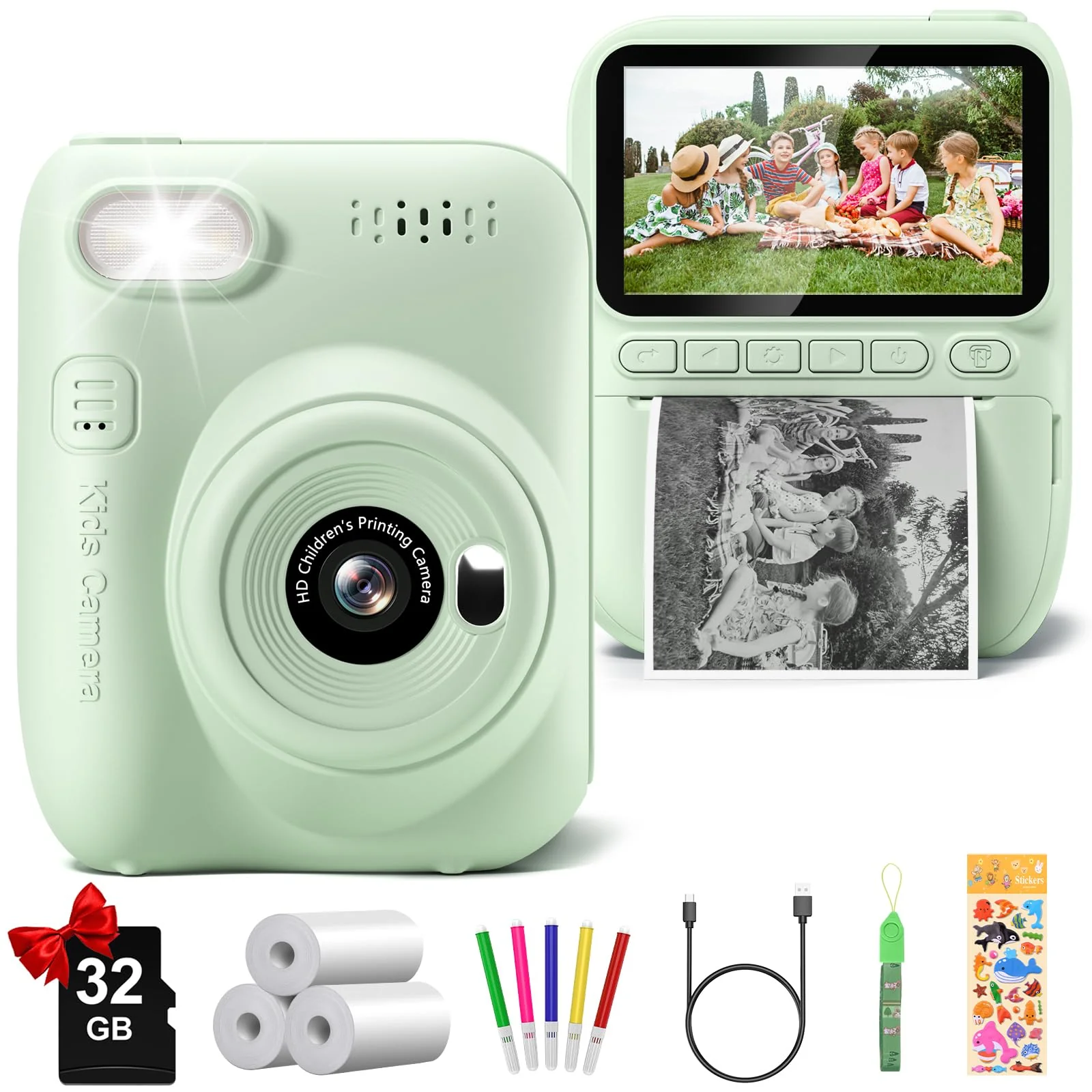 Kids Camera Instant Print, 3.0" HD 1080P Digital Video Cameras with 3 Rolls of Printer Paper for Toddler, Birthday Gifts Toy for 3 4 5 6 7 8 9 10 Year Old Girls Boys with 32GB SD Card-Green Green