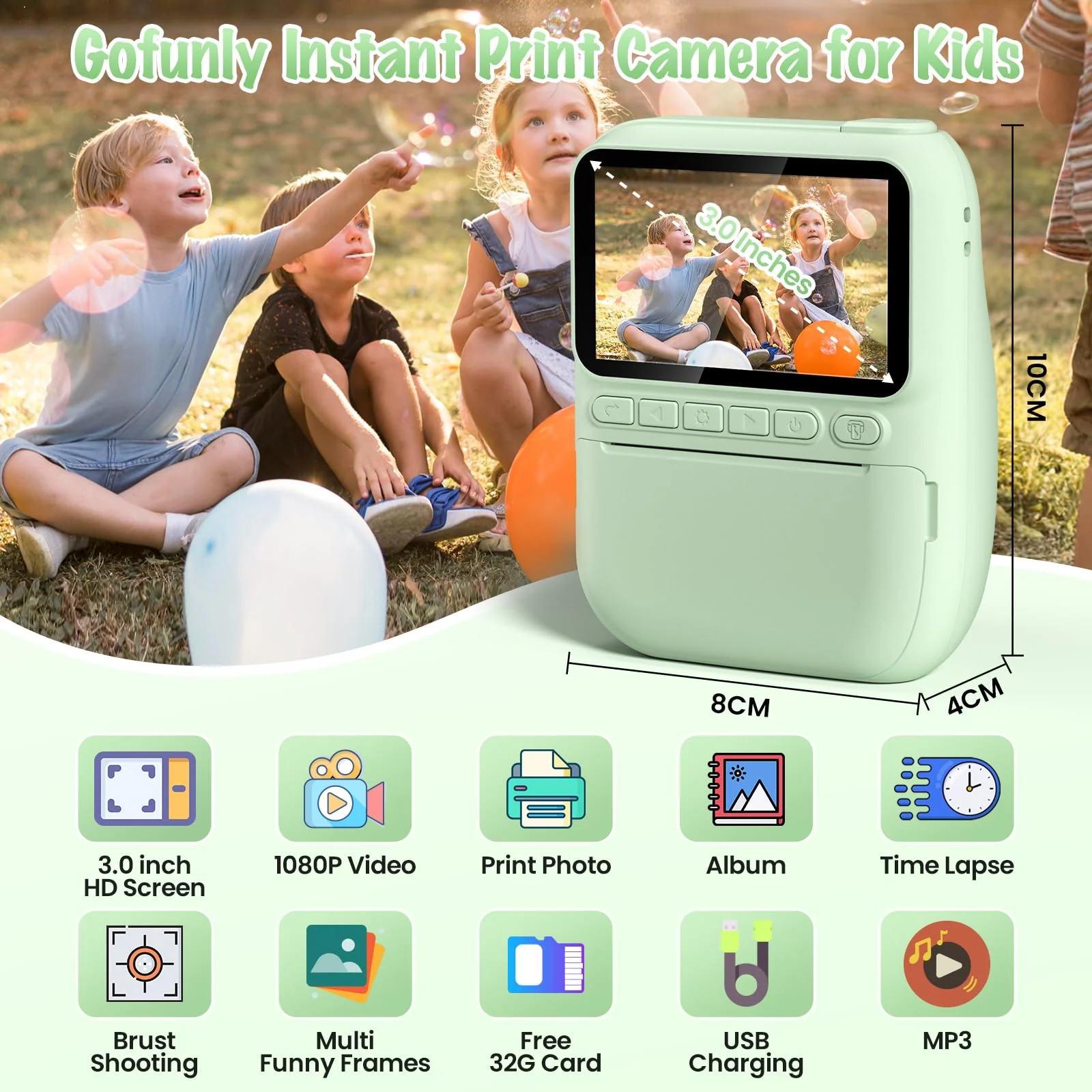Kids Camera Instant Print, 3.0" HD 1080P Digital Video Cameras with 3 Rolls of Printer Paper for Toddler, Birthday Gifts Toy for 3 4 5 6 7 8 9 10 Year Old Girls Boys with 32GB SD Card-Green Green - Image 2