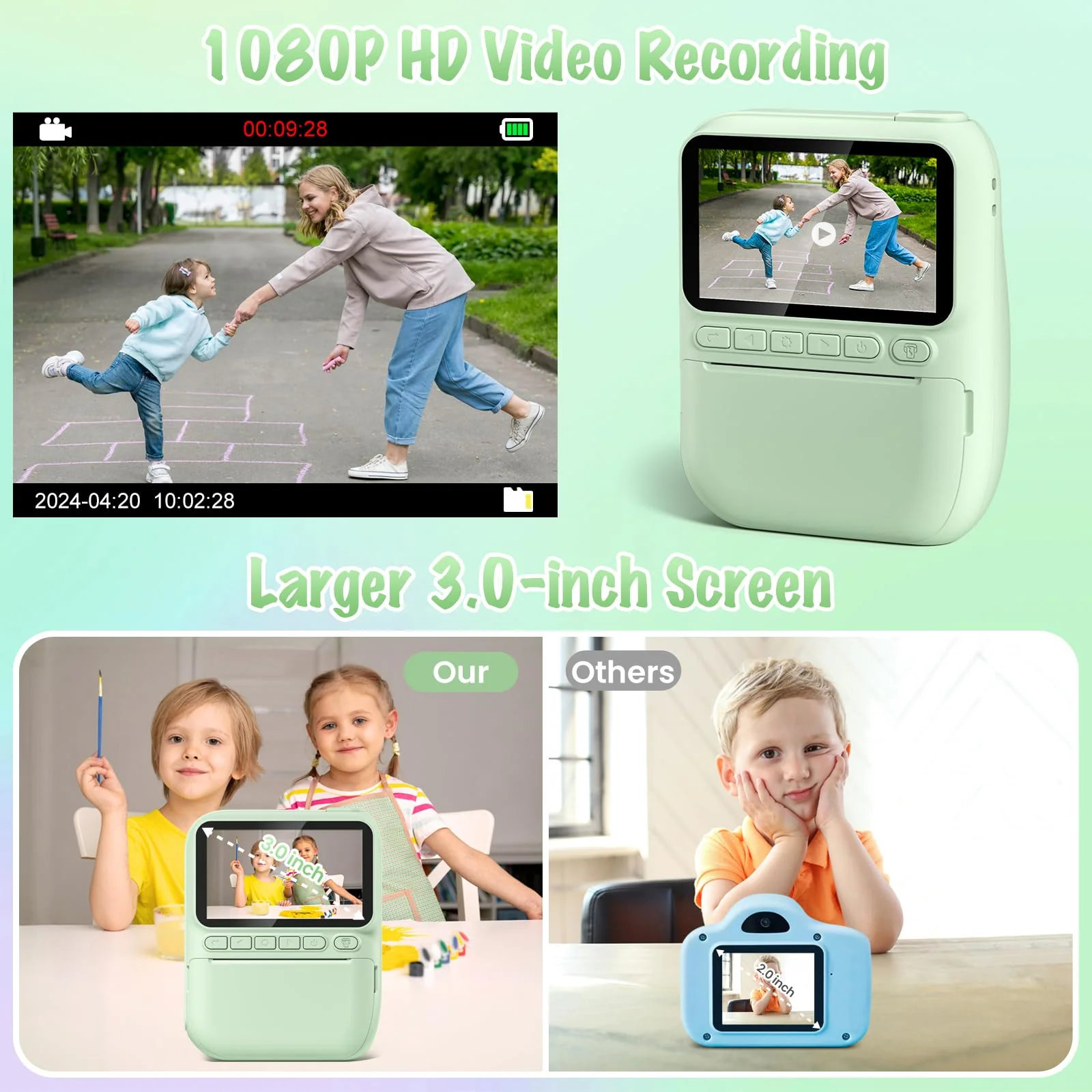 Kids Camera Instant Print, 3.0" HD 1080P Digital Video Cameras with 3 Rolls of Printer Paper for Toddler, Birthday Gifts Toy for 3 4 5 6 7 8 9 10 Year Old Girls Boys with 32GB SD Card-Green Green - Image 4