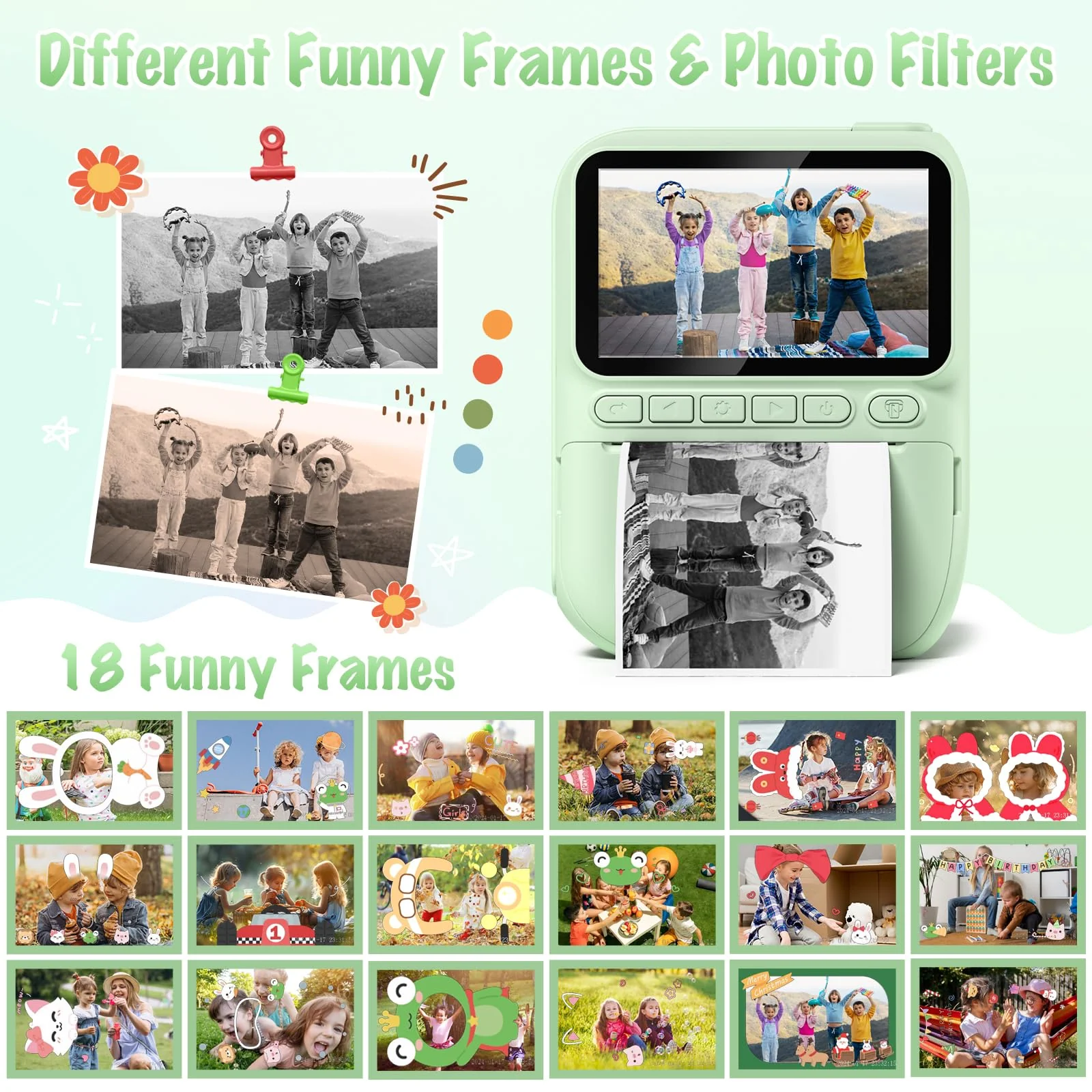 Kids Camera Instant Print, 3.0" HD 1080P Digital Video Cameras with 3 Rolls of Printer Paper for Toddler, Birthday Gifts Toy for 3 4 5 6 7 8 9 10 Year Old Girls Boys with 32GB SD Card-Green Green - Image 5