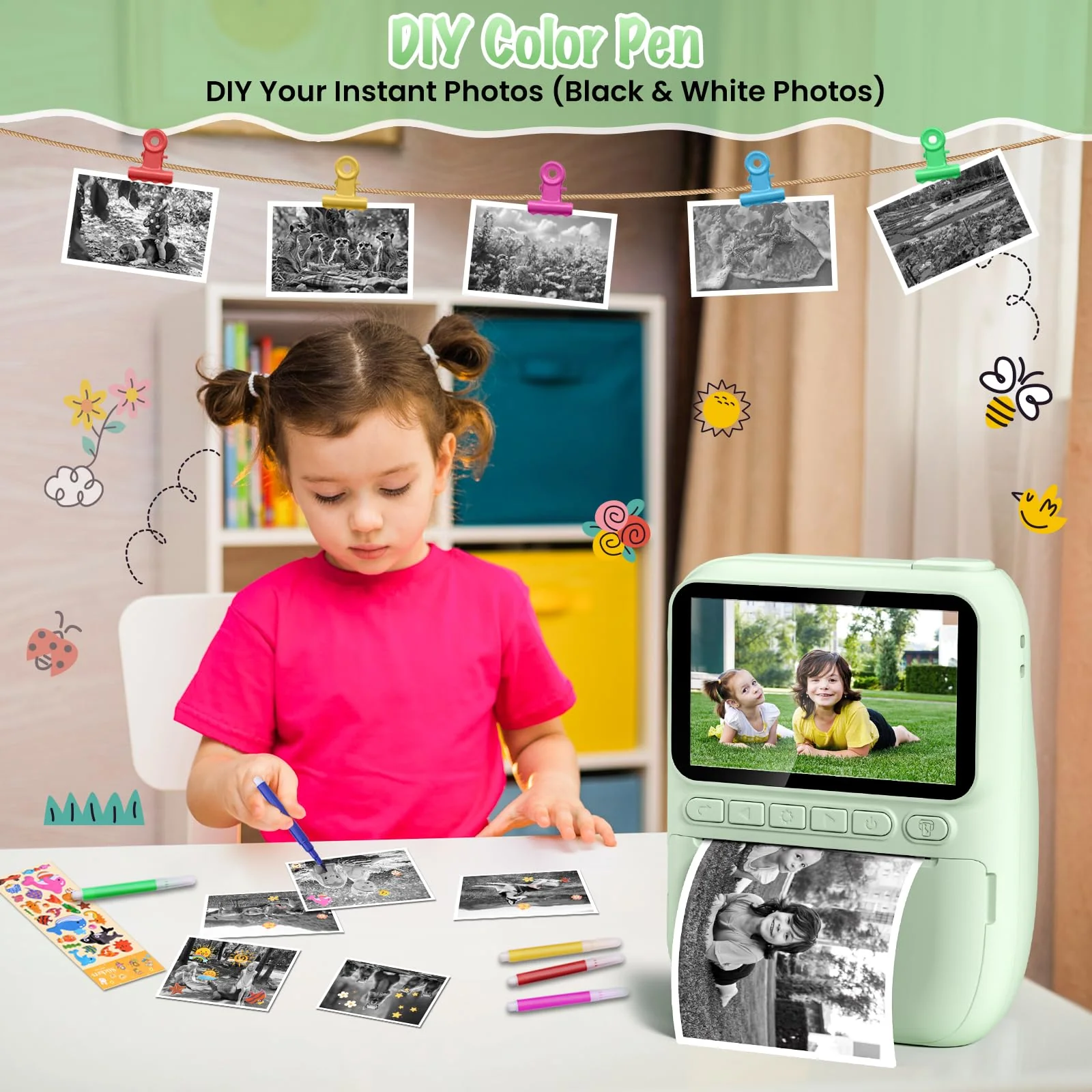 Kids Camera Instant Print, 3.0" HD 1080P Digital Video Cameras with 3 Rolls of Printer Paper for Toddler, Birthday Gifts Toy for 3 4 5 6 7 8 9 10 Year Old Girls Boys with 32GB SD Card-Green Green - Image 6