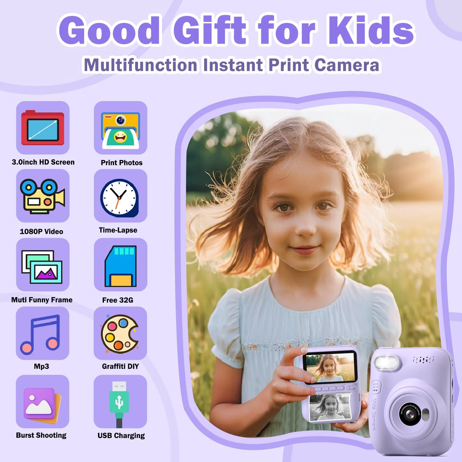 Kids Camera Instant Print,3.0 HD 1080P Digital Video Cameras with Printing Paper,Christmas Birthday Gifts for Toddler Boys Girls,for 3 4 5 6 7 8 9 10 Year Old Portable Toy(Purple) Purple - Image 2